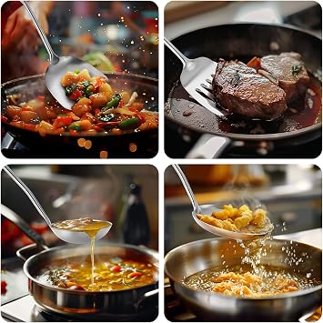 15 Wok Spatula and Ladle,Skimmer Spoon, Slotted Turner Spatula,304 Stainlss Steel Matte Kitchen Utensils Set,4PCS Wok Accessories,Cooking Utensils Tools