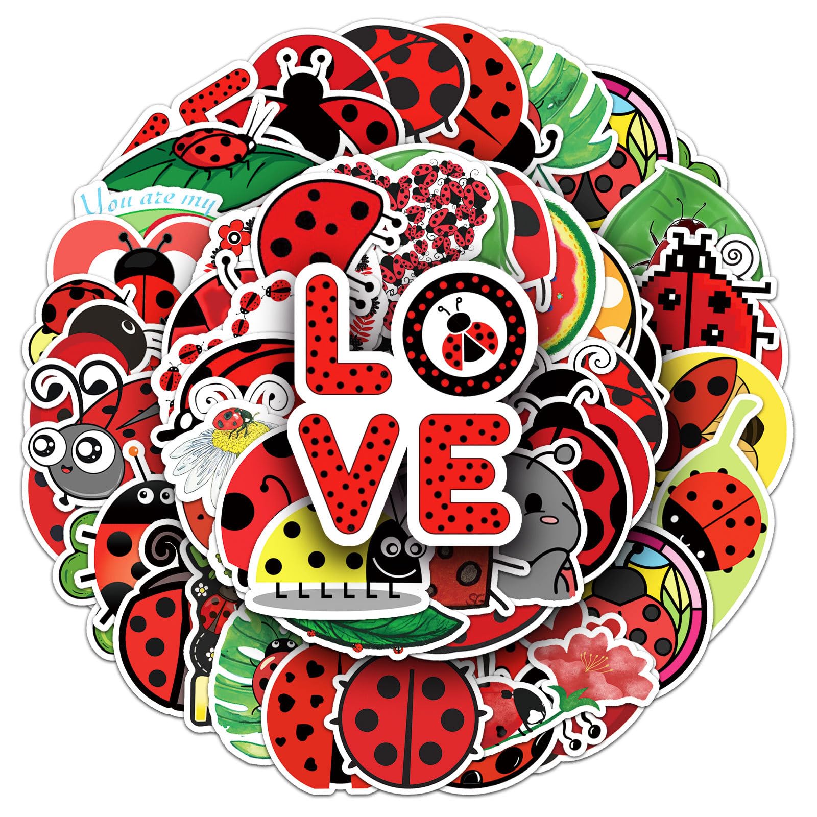 50 Pcs Cute Ladybug Stickers - Waterproof Vinyl Ladybug Decals with Love/Fruit Motifs for Skateboard, Laptop, Fridge & Luggage (Assorted Adorable Ladybug Designs)(Ladybug)