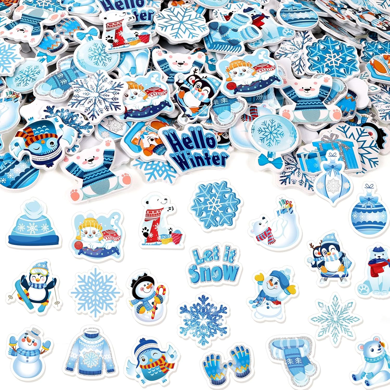 HOWAF 300pcs Winter Foam Stickers, Christmas Snowflake Snowman Penguin Polar Bear Foam Self-Adhesive Stickers for Christmas Party Wondeland Holiday DIY Crafts Sticker, Winter Decorations Decals