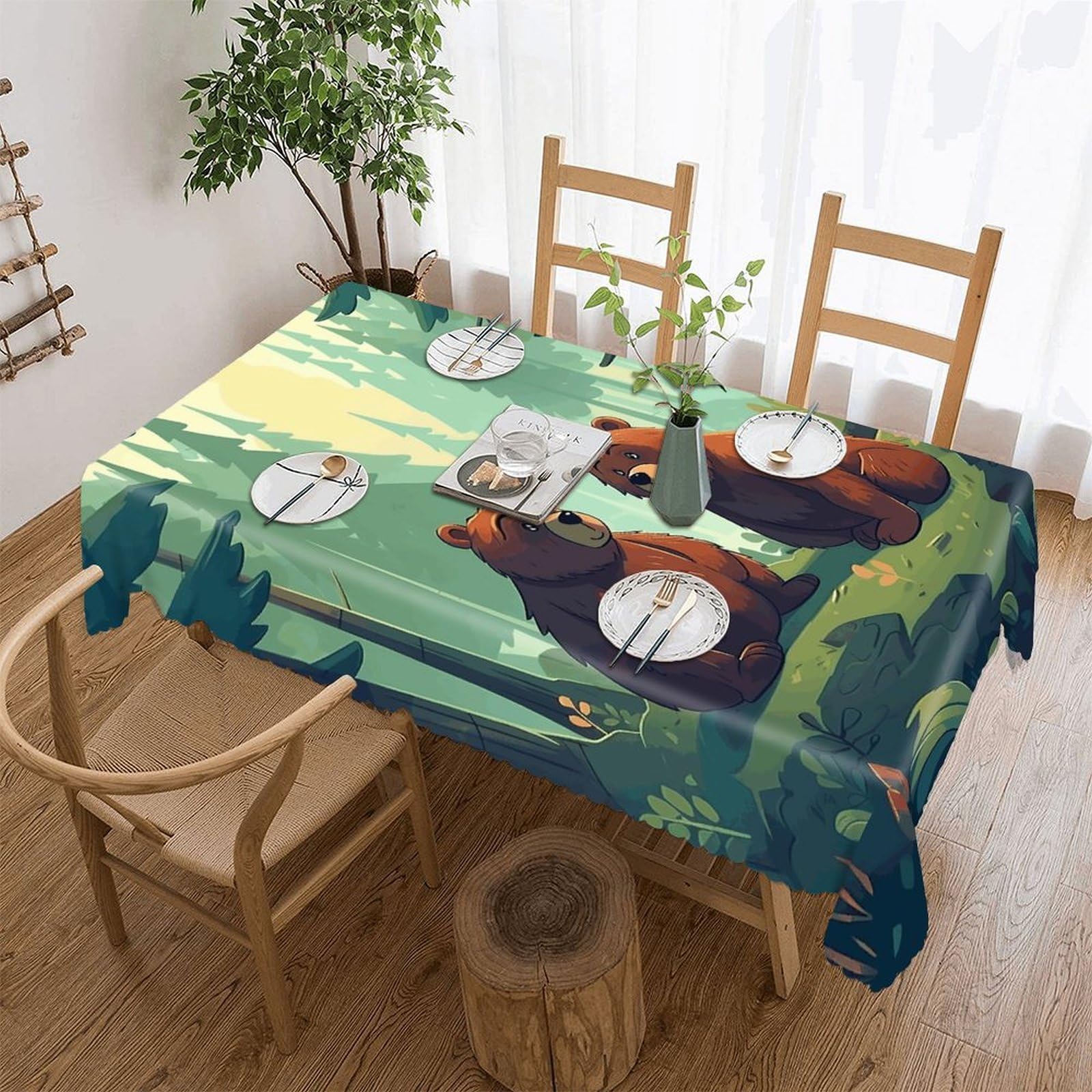 FekiLoot Hand Drawn Bear Tablecloths for Rectangle Tables Wipeable Spillproof Polyester Table Cloth Wrinkle Free Farmhouse Dining Tables Cover Elegant Vintage Decor Tablecover