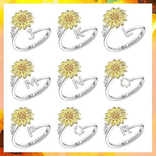 Miniatura 8 de Kucheed Anillos giratorios para mujeres, anillo giratorio de tamaño ajustable con diseño de girasol, anillo circular de dedo plateado apilable para