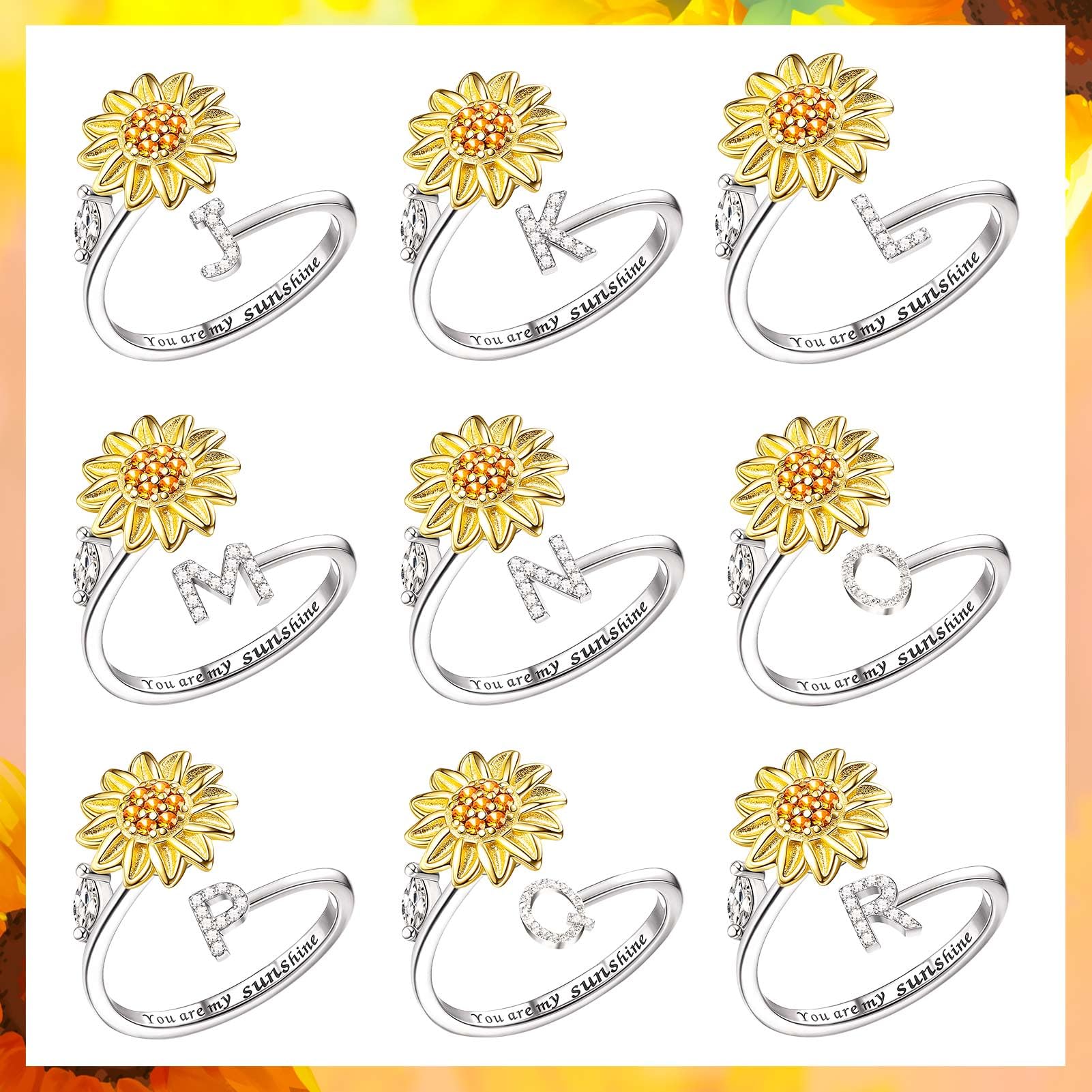 Fidget Rings Dla Kobiet, Kucheed Sunflower Regulowany Rozmiar Spinner Ring, Srebrny, Układany W Stosy, List Antystresowy,Kółko Na Palec, Wygrawerowane 'You Are My Sunshine'Wewnątrz Biżuterii