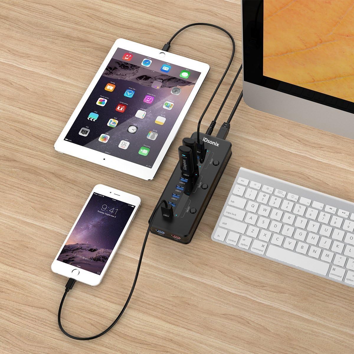 iDsonix 10 Port USB3.0 Hub with One Charging Port, Three Individual Power Switches and AC Power Adapter for Windows/Linux/Mac OS/Vista