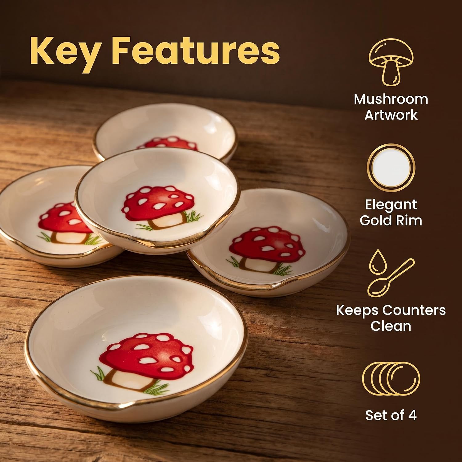 Ceramic Coffee Spoon Rest Set of 4 with Gold Rim Mushroom Design Decorative