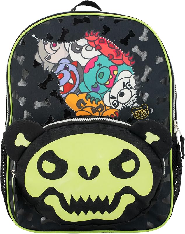 Deddy Bears Bones Plush Glow in The Dark Backpack for Girls & Boys, Creepy Cute 16" School Bag, Black