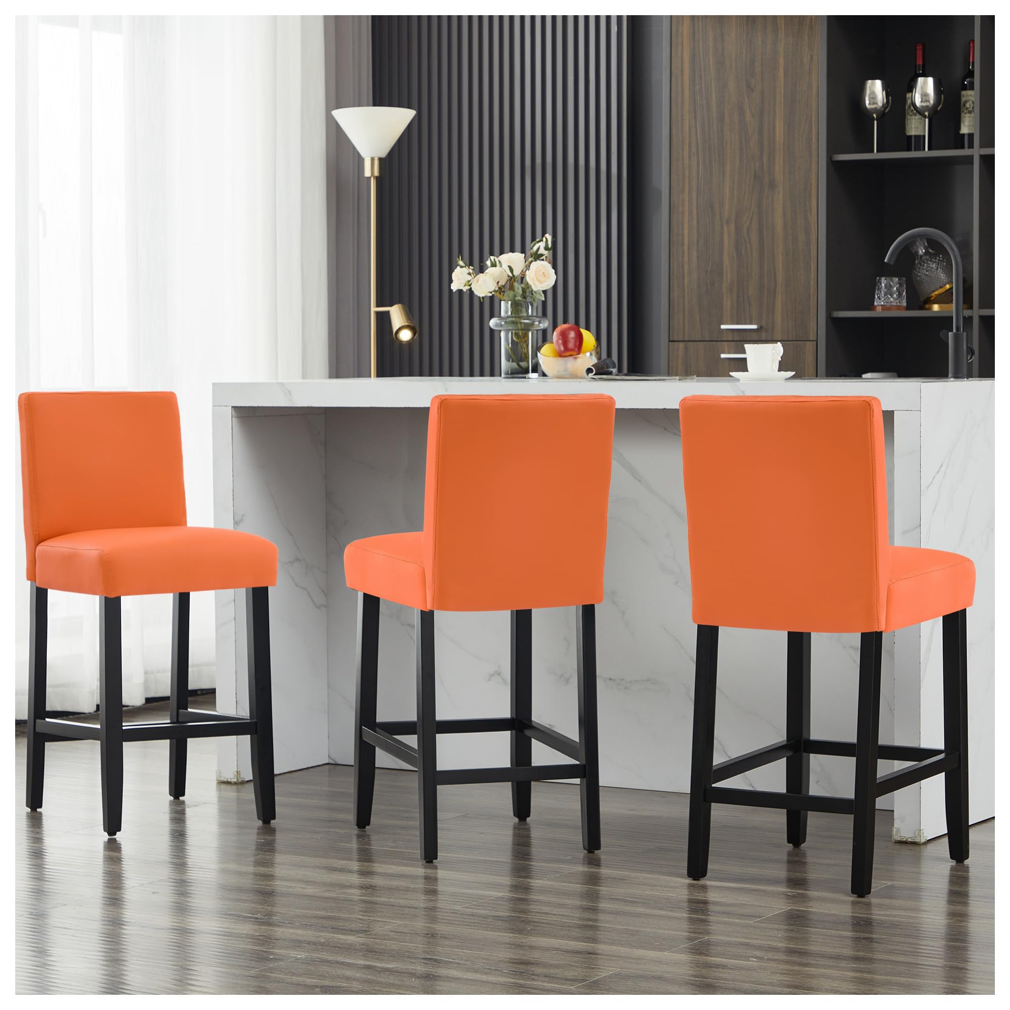 26'' Faux Leather Bar Stools Set of 3, Modern Upholstered Bar Chairs with Back, Soild Wood Legs Barstools for Kitchen Island, Orange