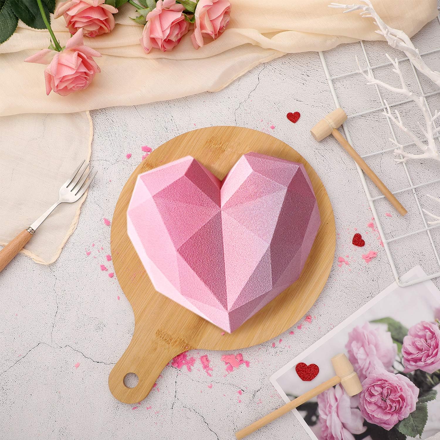 Heart Mold 7.8 Inch Chocolate Diamond Heart Shape Silicone Cake Mold Mousse Dessert Baking Pan Silicone Love Fondant Mold with 8 Pcs Mini Wooden Hammers for Valentines Day (Chocolate)