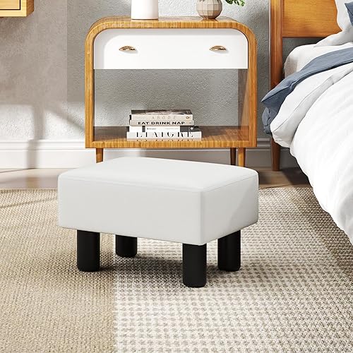Miniatura 4 de Giantex Reposapiés pequeño de piel sintética de 16 pulgadas, otomana rectangular moderna con asiento acolchado, patas de madera de plástico (blanco)
