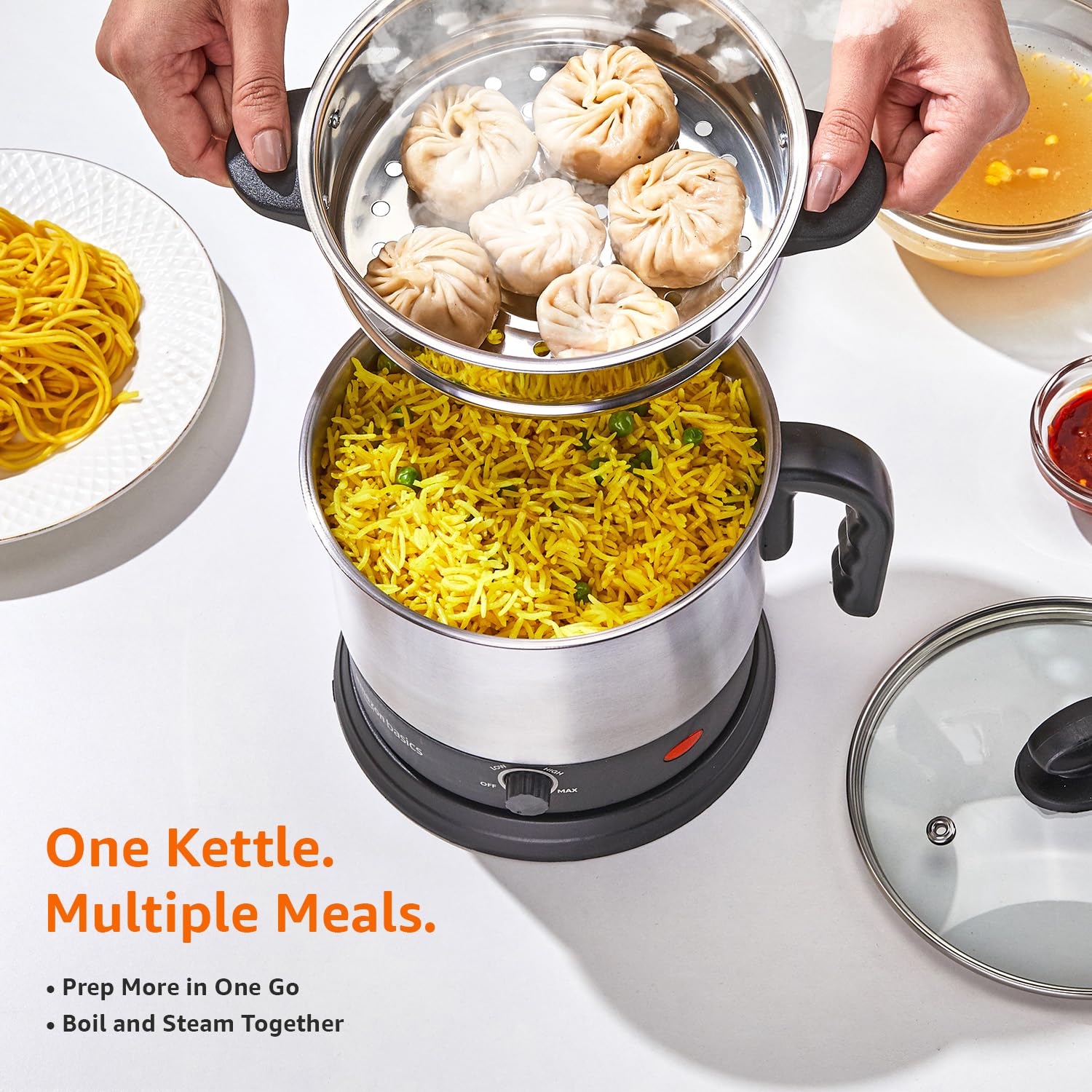 Amazon Basics Multi-Kettle Steamer 1.2L | Adjustable Power Modes 600 W | 7 - Egg Tray, Idli Tray, Iron Grill And Steamer | SS 201 Steel | Automatic Overheat Protection | Multipurpose Kettle 1