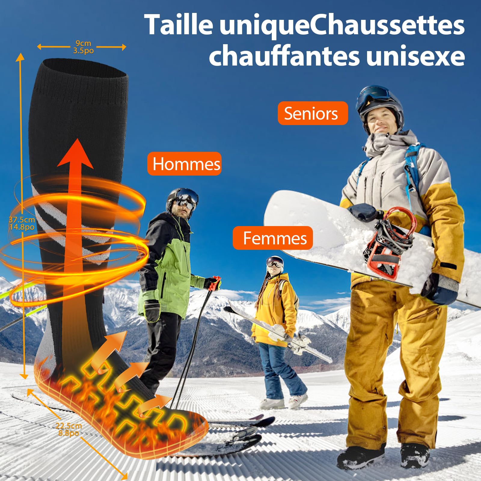 Chaussettes Chauffantes, Chaussette Chauffante Femme et Hommes avec Batterie 2 × 9000 mAh/5 V Autonomie Max 18 H,Chaussettes Chauffantes Électriques en Laine 3 Réglages Température 45℃/58℃/70℃