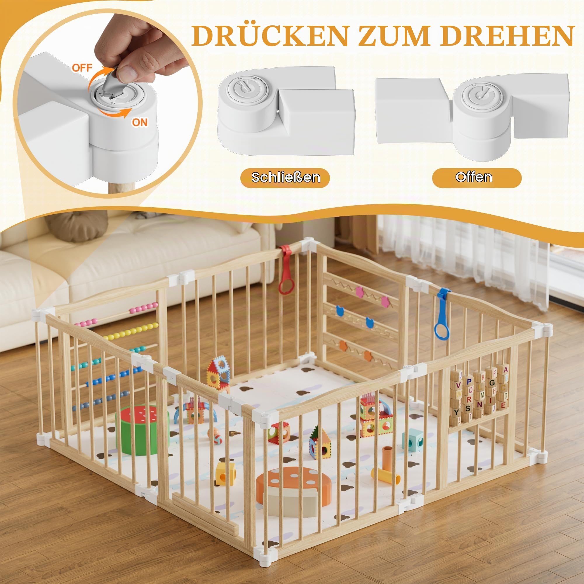 MSFE Laufstall Baby Faltbar Holz,8 Paneele Wooden Baby Playpen Verstellbare Multi-Shape & Größe mit Tür,Sicherheitsverschluss und Spielpaneelen für Wohnzimmer,Schlafzimmer und Kindergarten
