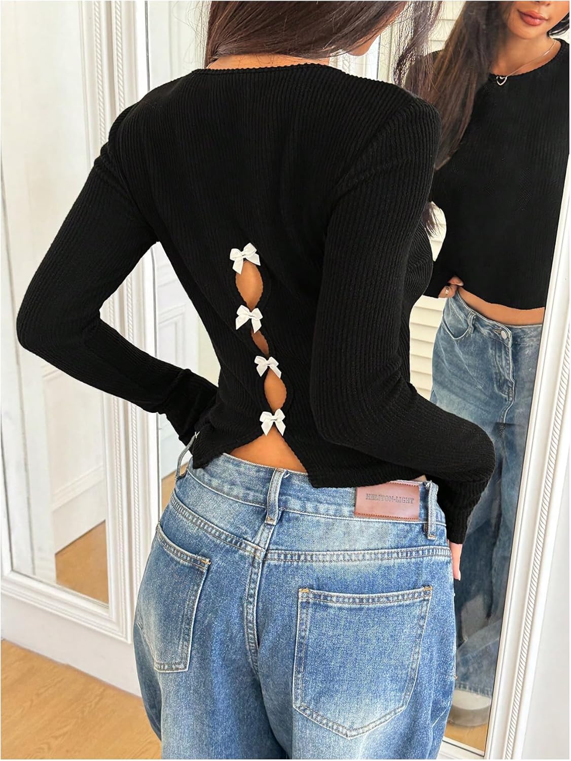 Women's Bow Back T Shirts Hollow Out Ribbed Knit Long Sleeve Crop Tops Fitted Tops Trendy - Image 3