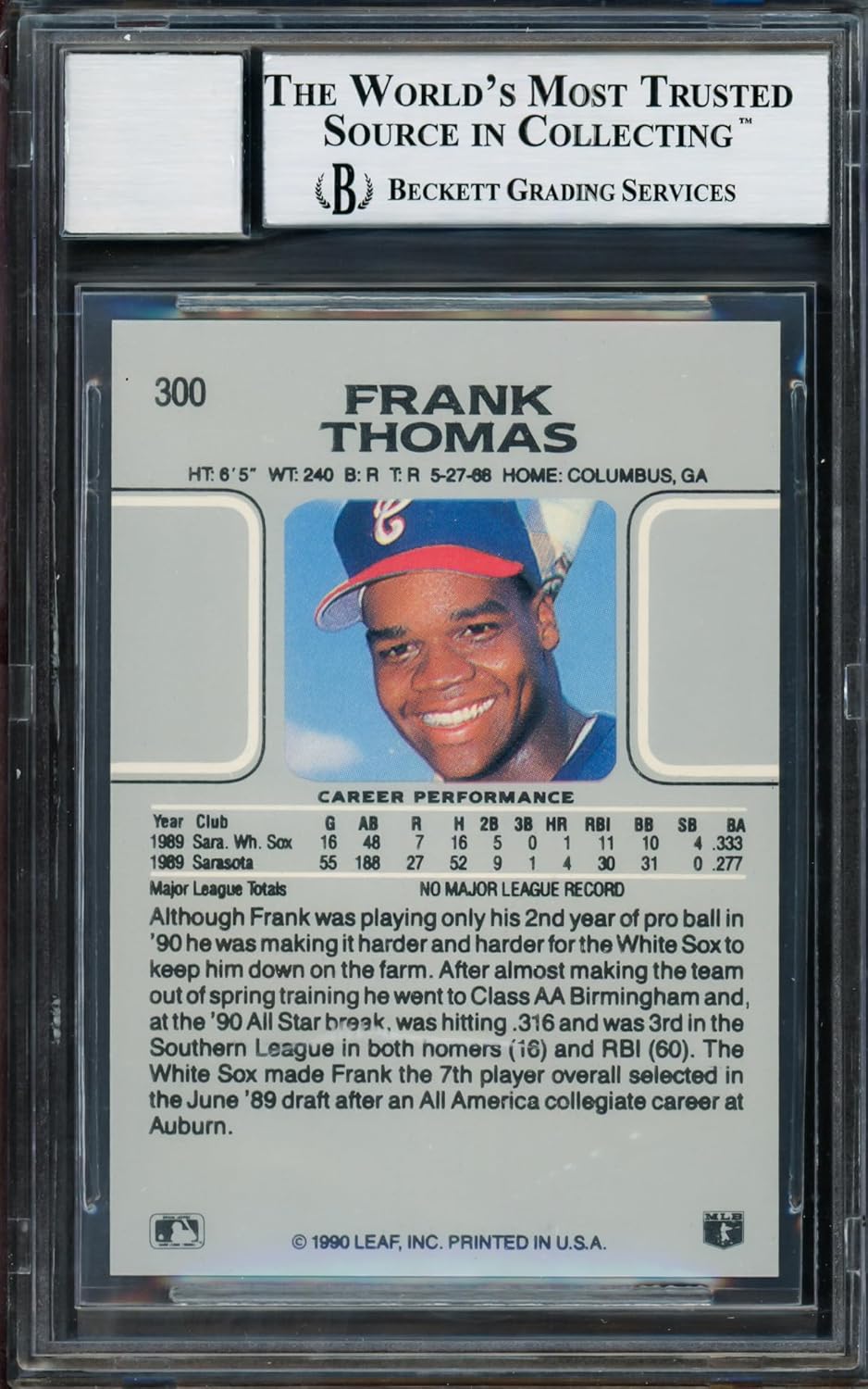 Frank Thomas Autographed 1990 Leaf Rookie Baseball Card #300 Auto Grade Gem Mint 10 Beckett BAS Stock #211218