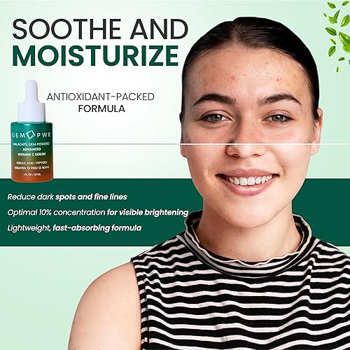 Miniatura 4 de Suero avanzado de vitamina C con extracto de piedras preciosas de malaquita, ácido hialurónico, ácido ferúlico, niacinamida y péptidos, hidratante,