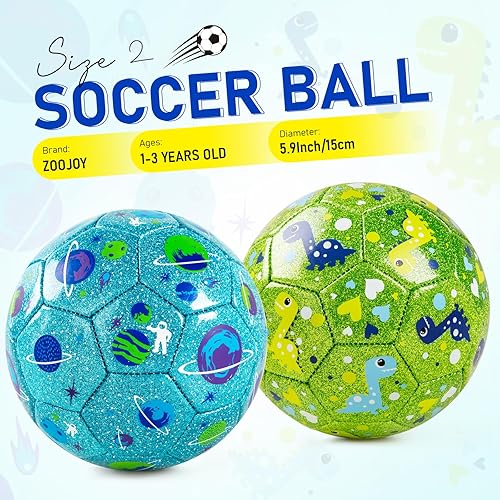 Miniatura 2 de ZOOJOY Juego de 2 pelotas de fútbol tamaño 2, planeta con purpurina y pelota de fútbol de dinosaurio para niños pequeños, regalos deportivos para