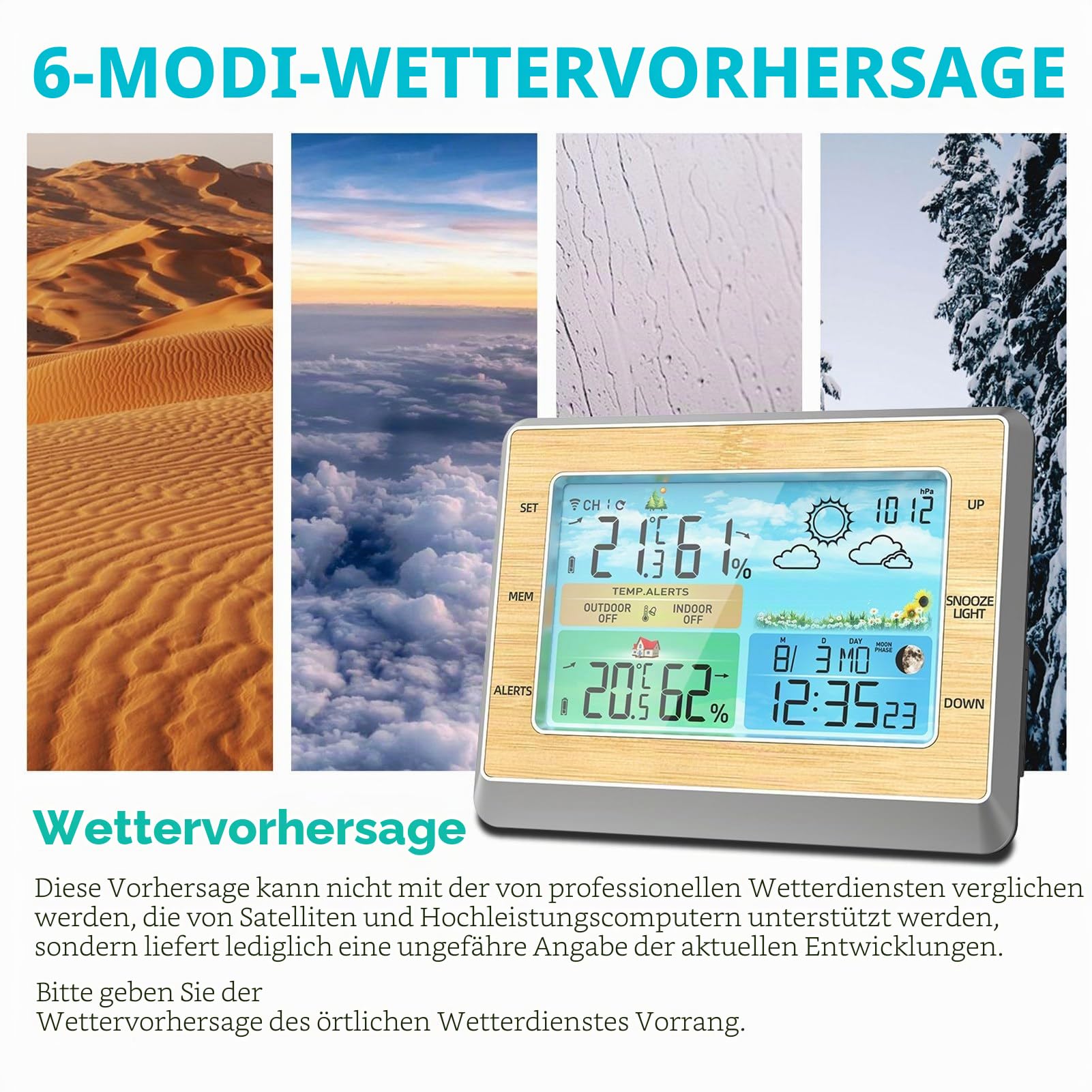 WLAN-Wetterstation mit LED-Farbbildschirm, Helligkeitsanpassung, Temperatur und Luftfeuchtigkeit, wetterfest, subitoaste, Datum, Alarm, Wettervorhersage