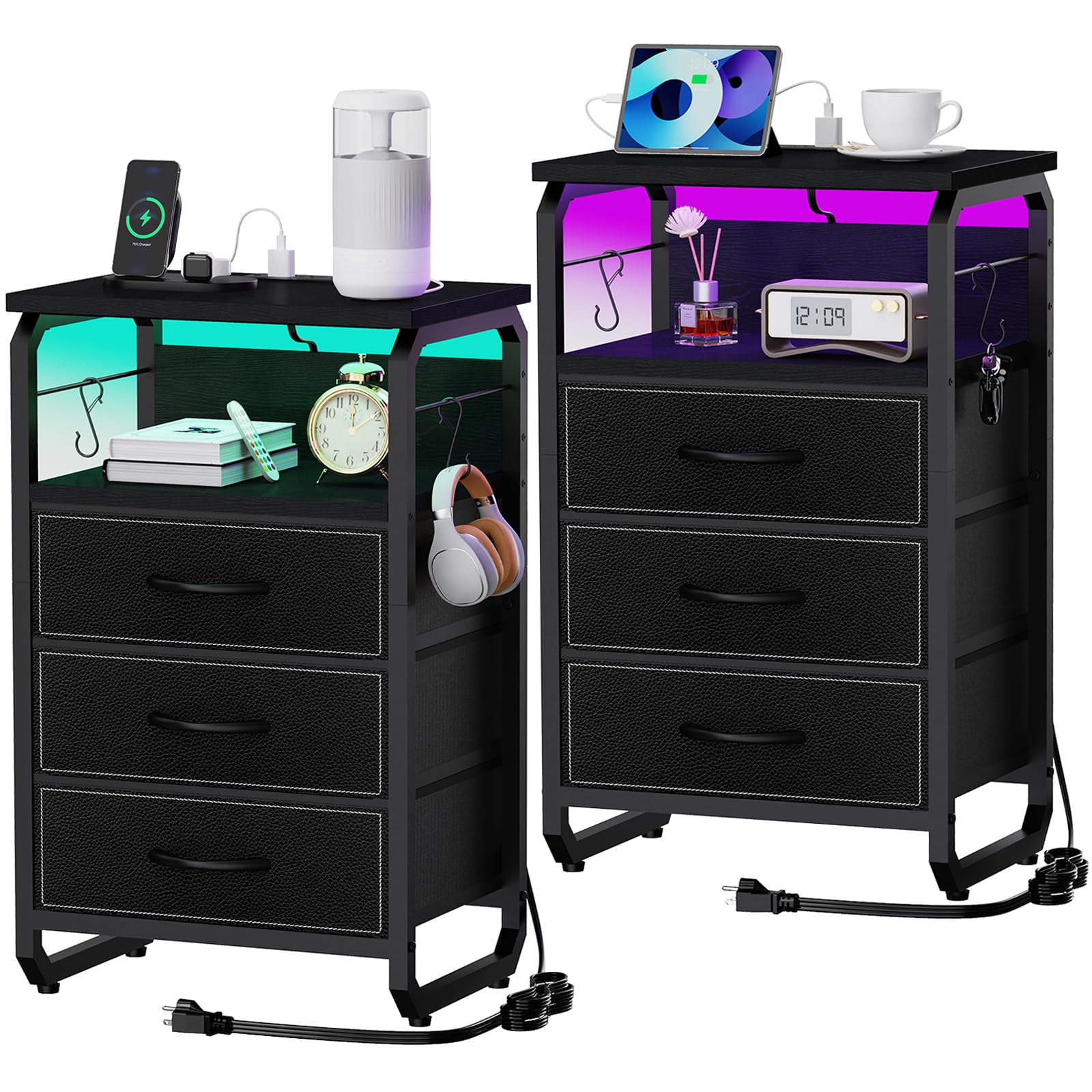 runjuly Tall Nightstand Set of 2 with Charging Station, Bed Side Tables Bedroom Set of 2, Black Night Stand Set 2, Bedside Table with 3 Fabric Drawers