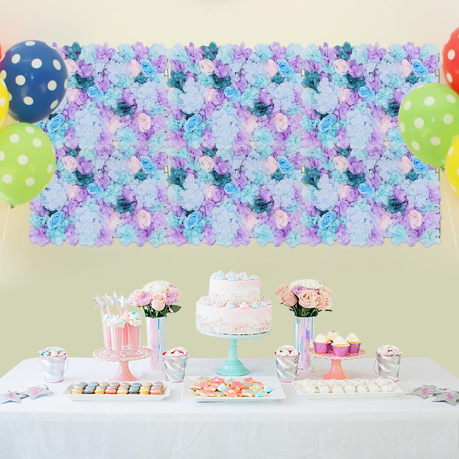 6 Stück DIY Deko Blumen Wandpaneele Hochzeit Hintergrund, Künstliche Blumen Wandhintergrund Seidenblumen Wand Panel, Dekorative Kunstblumen-Wandmatte Wanddekoration für Hochzeit Party (Blau)