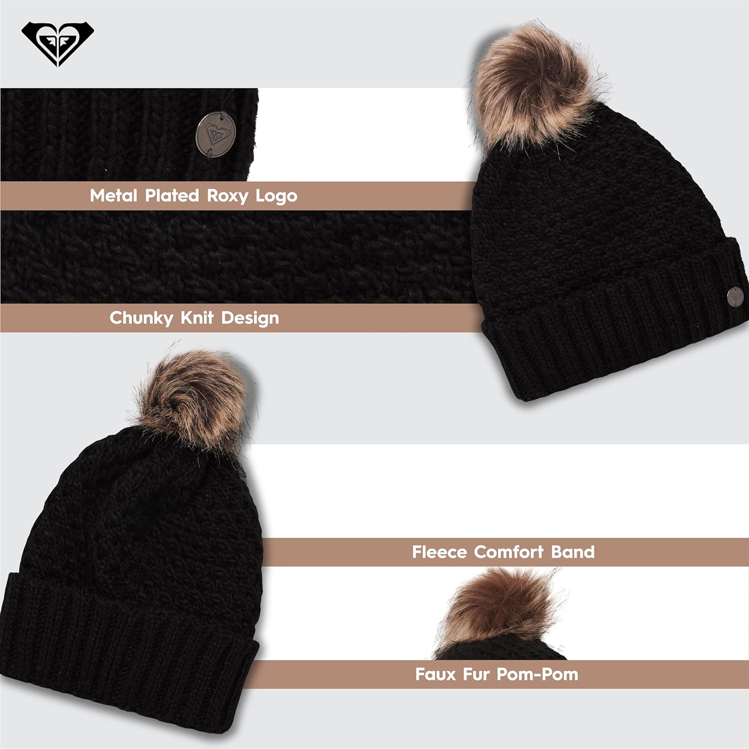 Roxy Women's Blizzard Beanie - Chunky Knit Winter Hat with Faux Fur Pom, Fleece-Lined for Ultimate Warmth, Stylish Cold Weather Accessory, Black, One Size