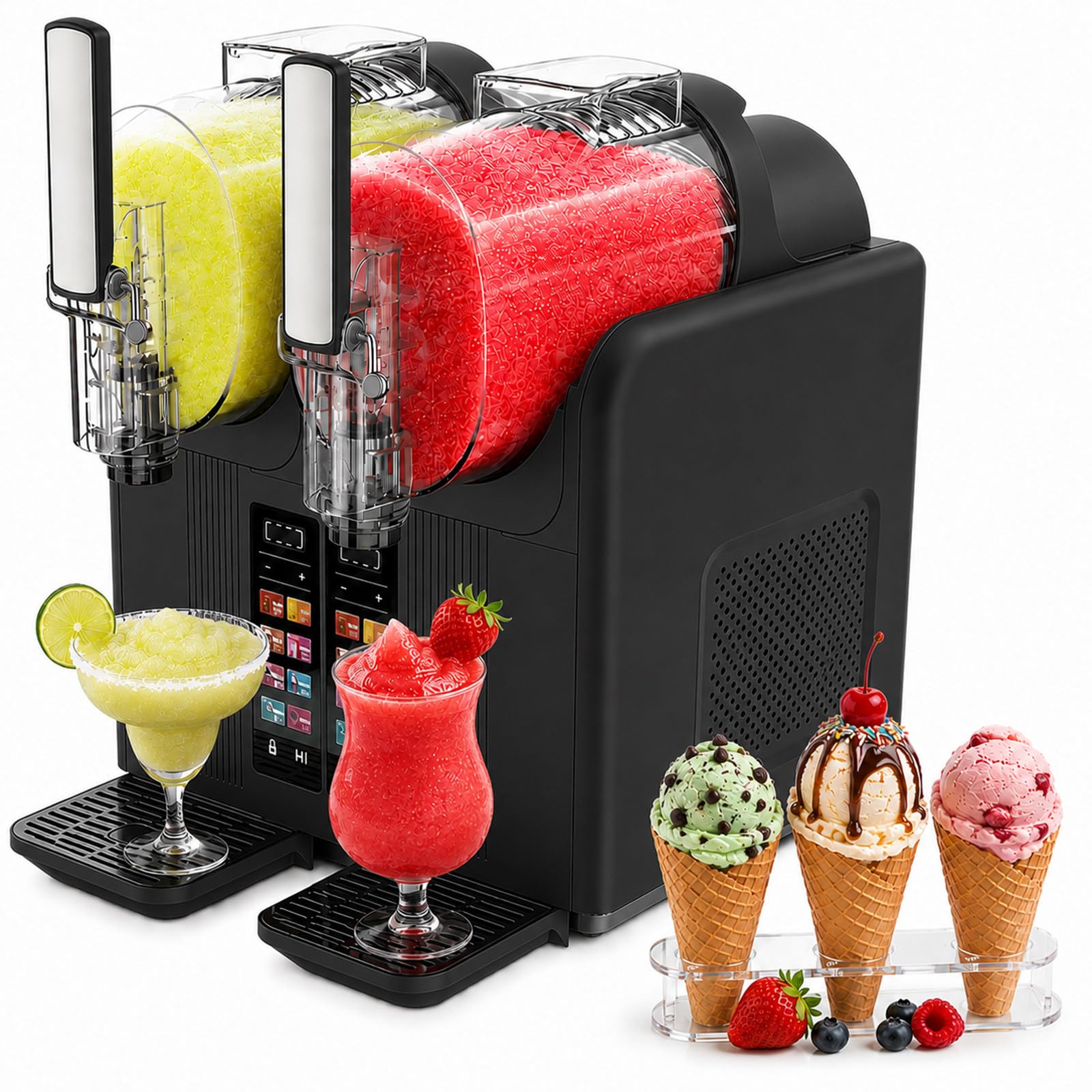 SHUMIAO Dual Bowl Slushie Machine 2L, 430W Commercial Slushy Maker & Soft Serve Ice Cream Machine, 7 Presets Automatic Margarita Frosty Drink Maker, with Child Lock & Touchscreen, for Home Black