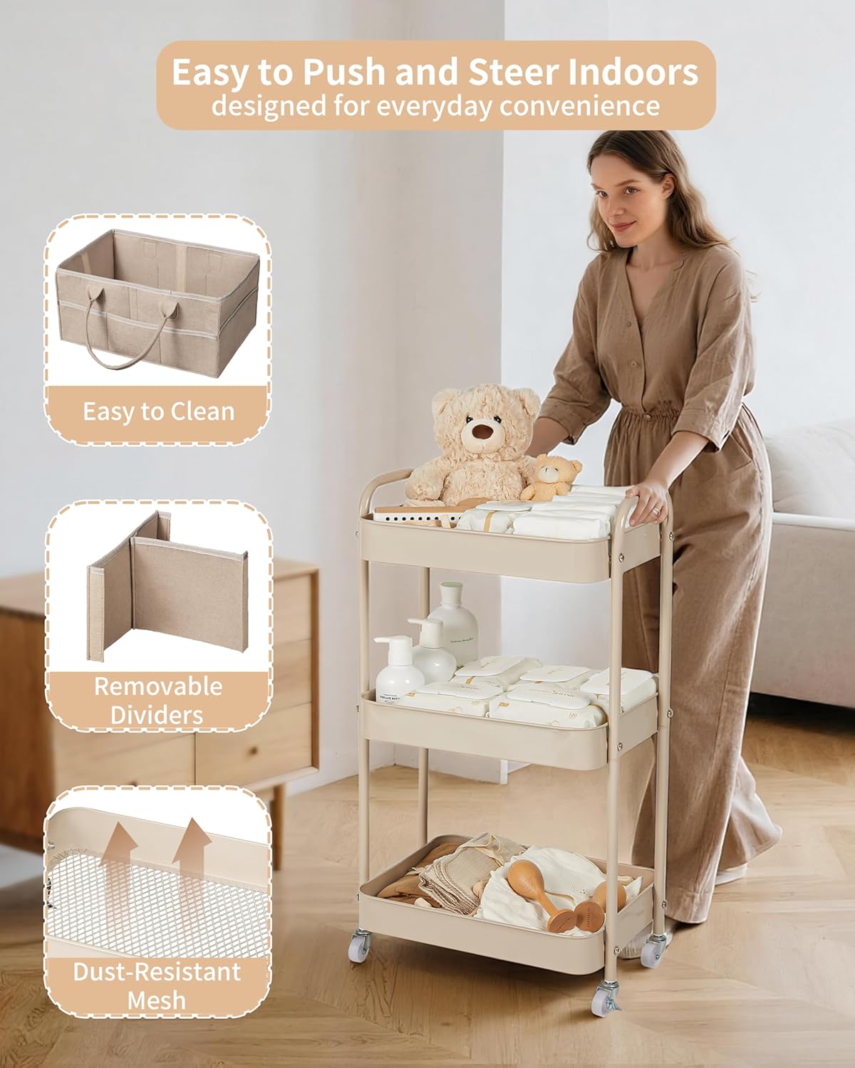 Fortella Baby Diaper Caddy, 3 Tier Rolling Storage Cart for Baby Essentials, Diaper Cart with Detachable Dividers, Storage & Baby Bottle Organizer, Nursery Dresser for Bedroom, Living Room (Taupe)