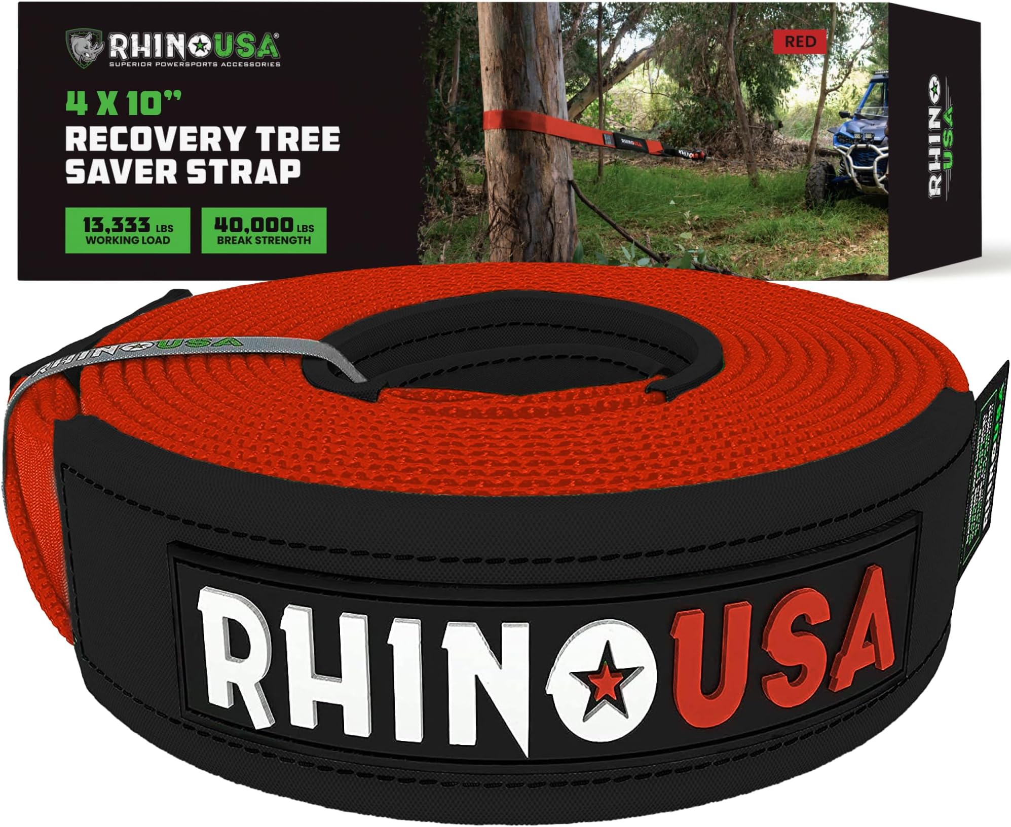 Rhino USA Tree Saver Tow Strap (4" x 10') - 40,320lb Break Strength - Emergency Recovery Strap Winch Extension for Truck, UTV, ATV & More - Heavy Duty Straps Compatible with Jeep, Ford, Toyota (Red)