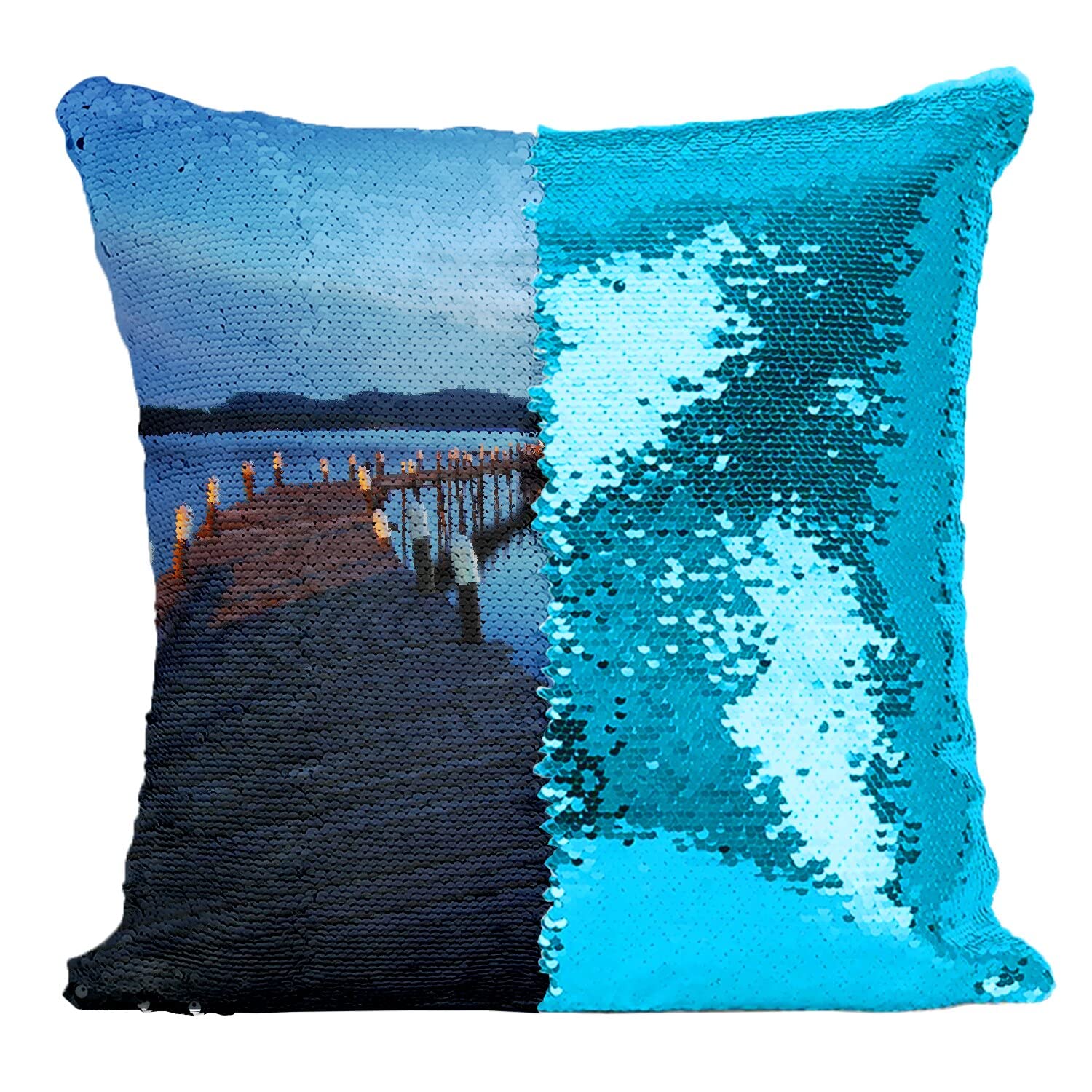 Coussin sequin turquoise avec housse motif ponton de lac au soleil couchant