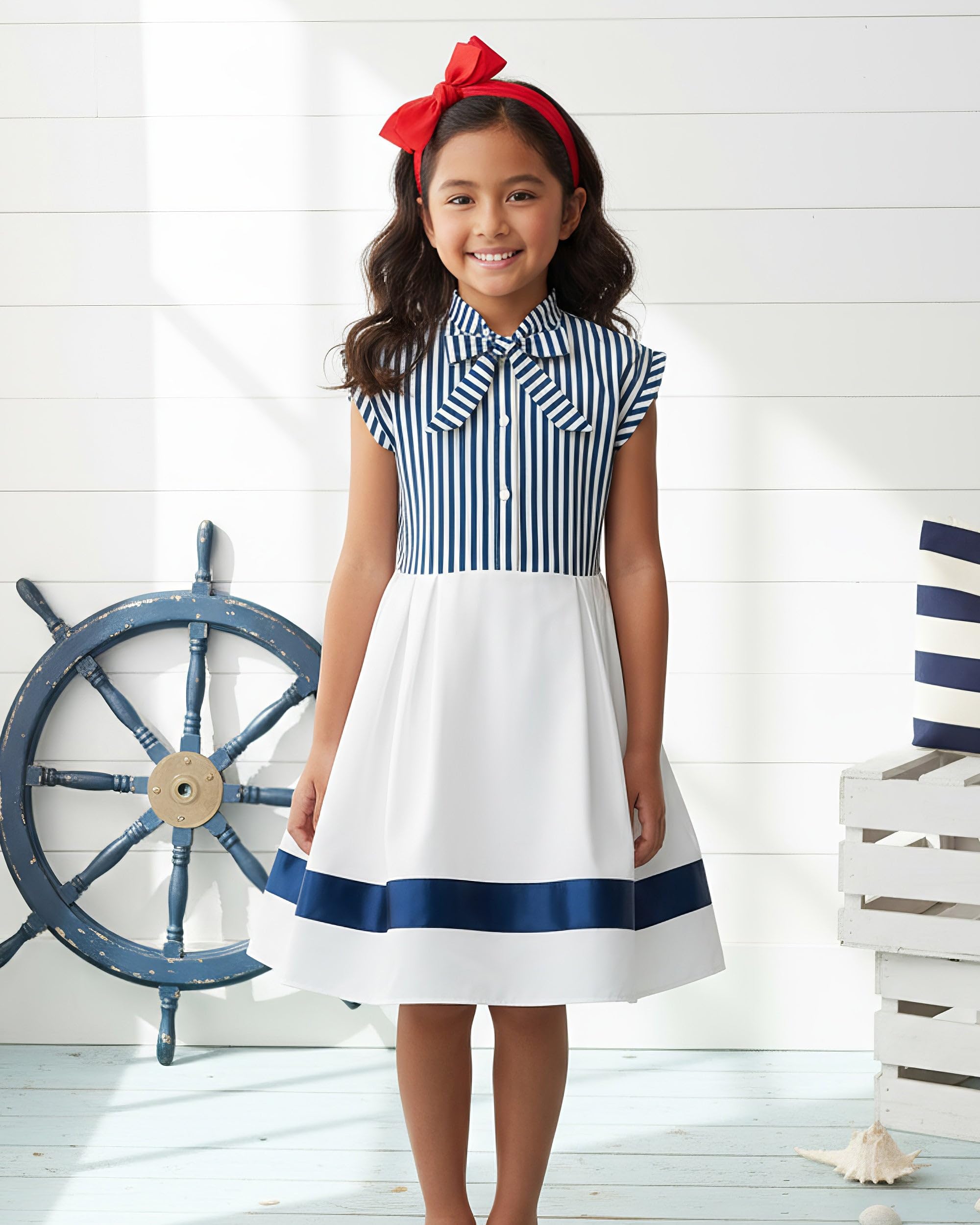 BlackButterfly Mädchen Kleid Polly Streifen Faltenrock | Zweifarbig, Schleifenkragen, Flügelärmel, Satinband am Saum, Maritim, Gefüttert, Reißverschluss hinten, 3-14 Jahre