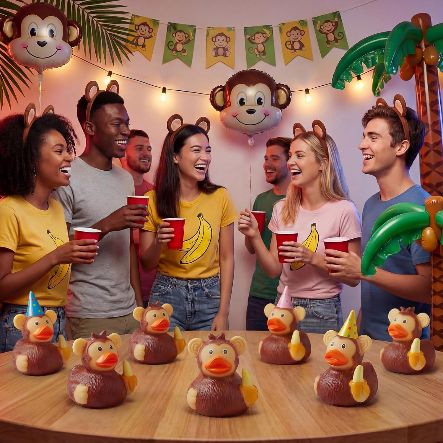 DEEKIN 50 Pcs Monkey Rubber Ducks with Banana Bulk 2 Inch Curious Monkey Rubber Ducks Party Favors for Birthday Party Supplies Home Dashboard Decorations Jungle Gift Exchange Gift Bag Filling