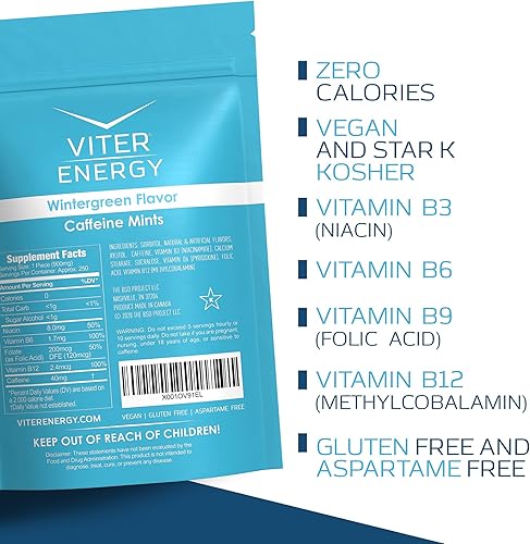 Miniatura 5 de Viter Energy Paquete de 6 bolsas a granel de 12 libra con sabor a gaulteria original de cafeína, vitaminas B, sin azúcar, vegano, potente