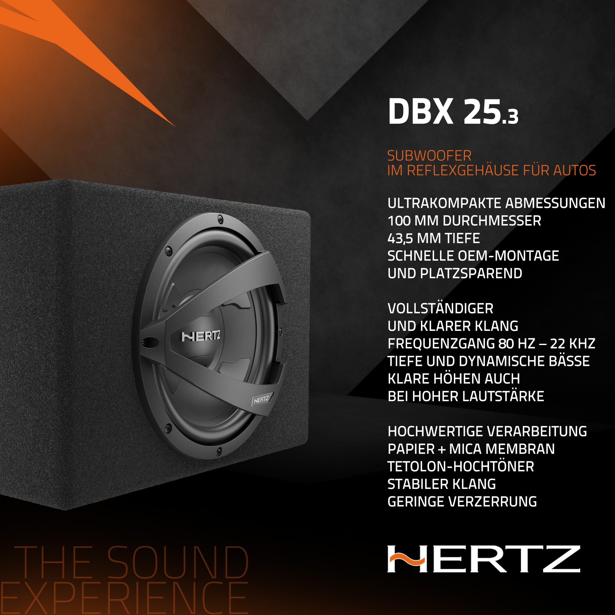 Hertz DBX 25.3 Subwoofer im Bassreflexgehäuse 250 mm, 600 W | 10 Zoll, Polypropylen mit Glimmer, 150 W RMS, Xmax 9 mm, 32-400 Hz, Ferrit-Magnet