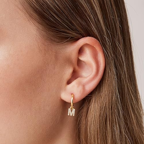 Miniatura 2 de PAVOI 14K Gold Plated 925 Sterling Silver Post Huggie Earring With Initial Dangle CZ Initial Huggie Hoop Earrings Womens Cubic Zirconia Dangle