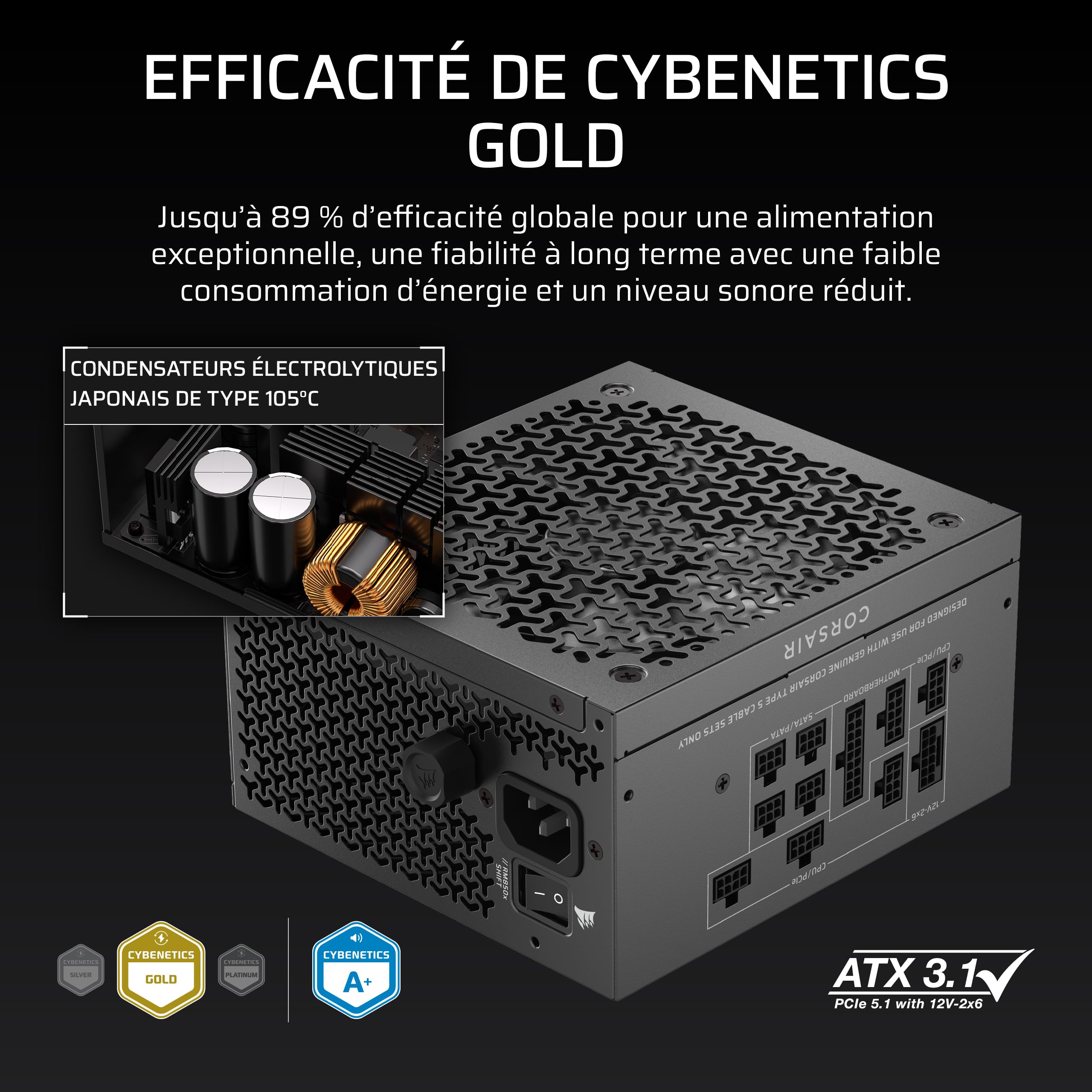 Corsair RM850x Shift Alimentation ATX entièrement modulaire - Câble 12 V-2x6 natif, ATX 3.1 et PCIe 5.1, Bouton de contrôle de la Vitesse du Ventilateur, Condensateurs Japonais, Certifié Gold - Noir