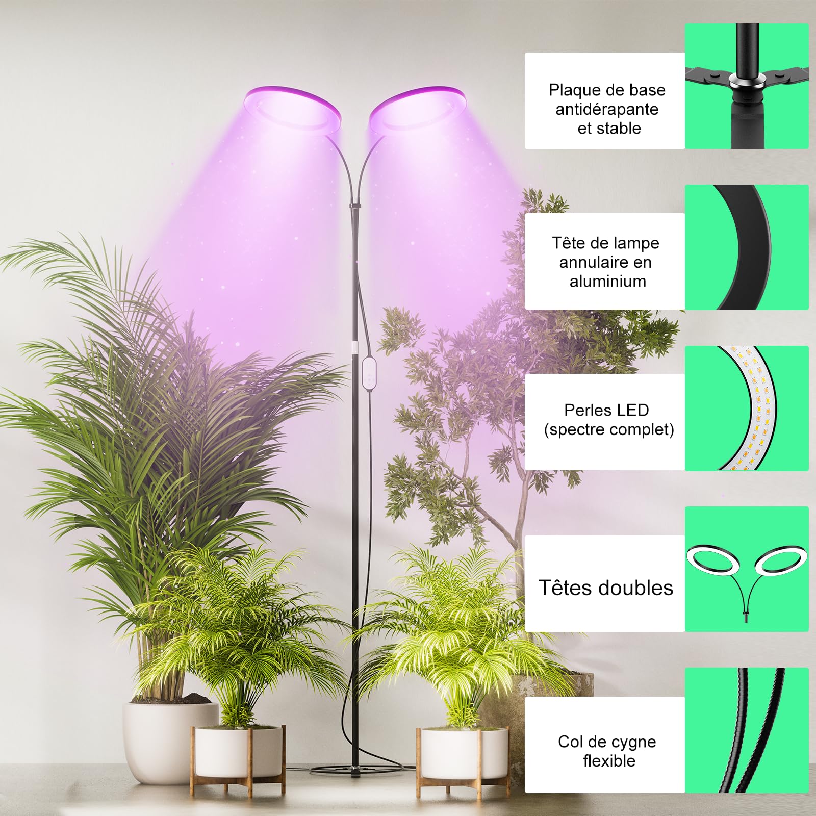 Olubfdh Lampada per Piante, Led Lampada da Coltivazione Spettro Completo con 168LEDs con Timer Auto, Grow light 2 Teste con 360°, Regolabile da Terra per Piante da Interno con Telecomando