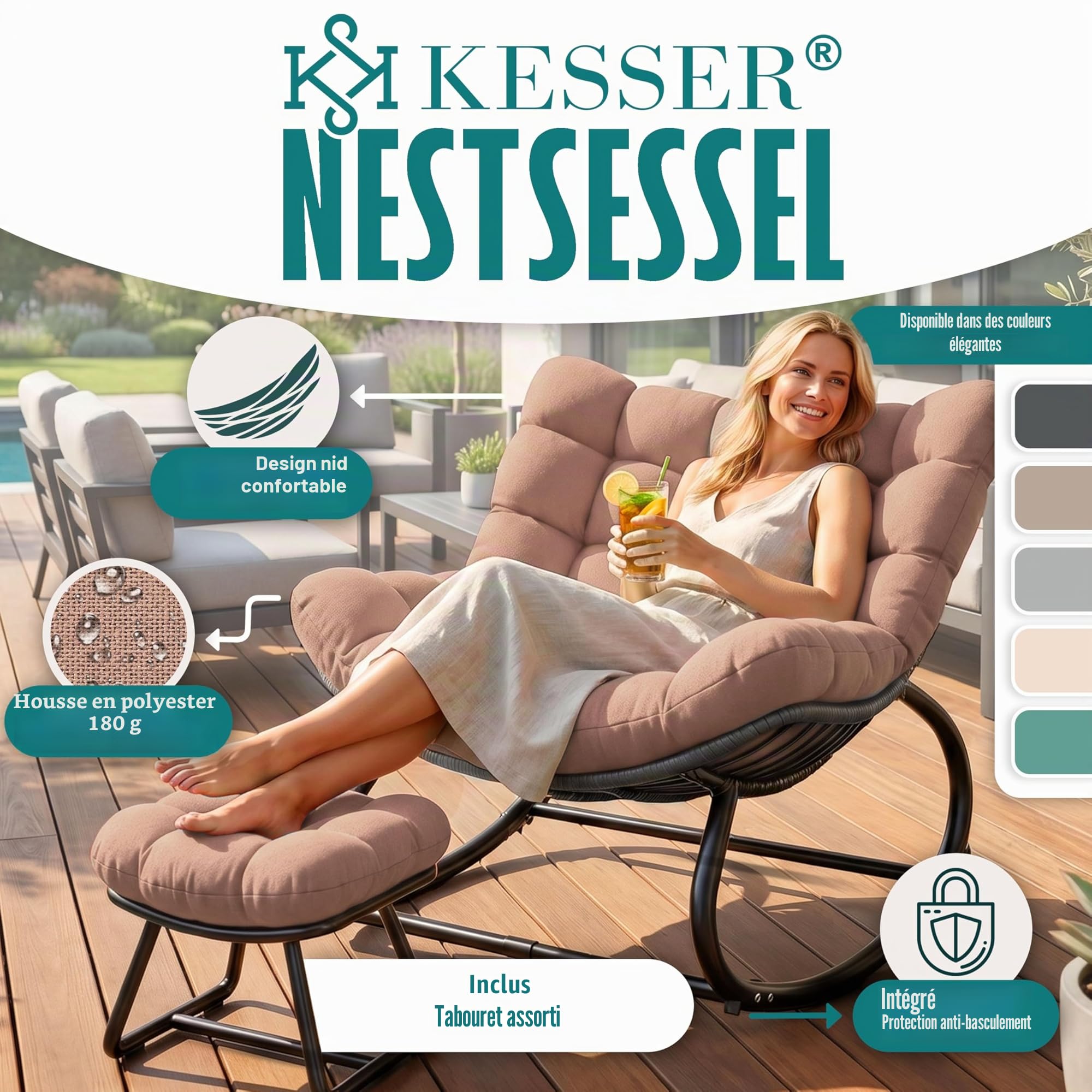 KESSER Fauteuil à Bascule pour l'intérieur et l'extérieur - Charge maximale : 120 kg - Fauteuil de Relaxation avec Pieds antidérapants - Résistant aux intempéries (Taupe, XXL Chillexer Pro)