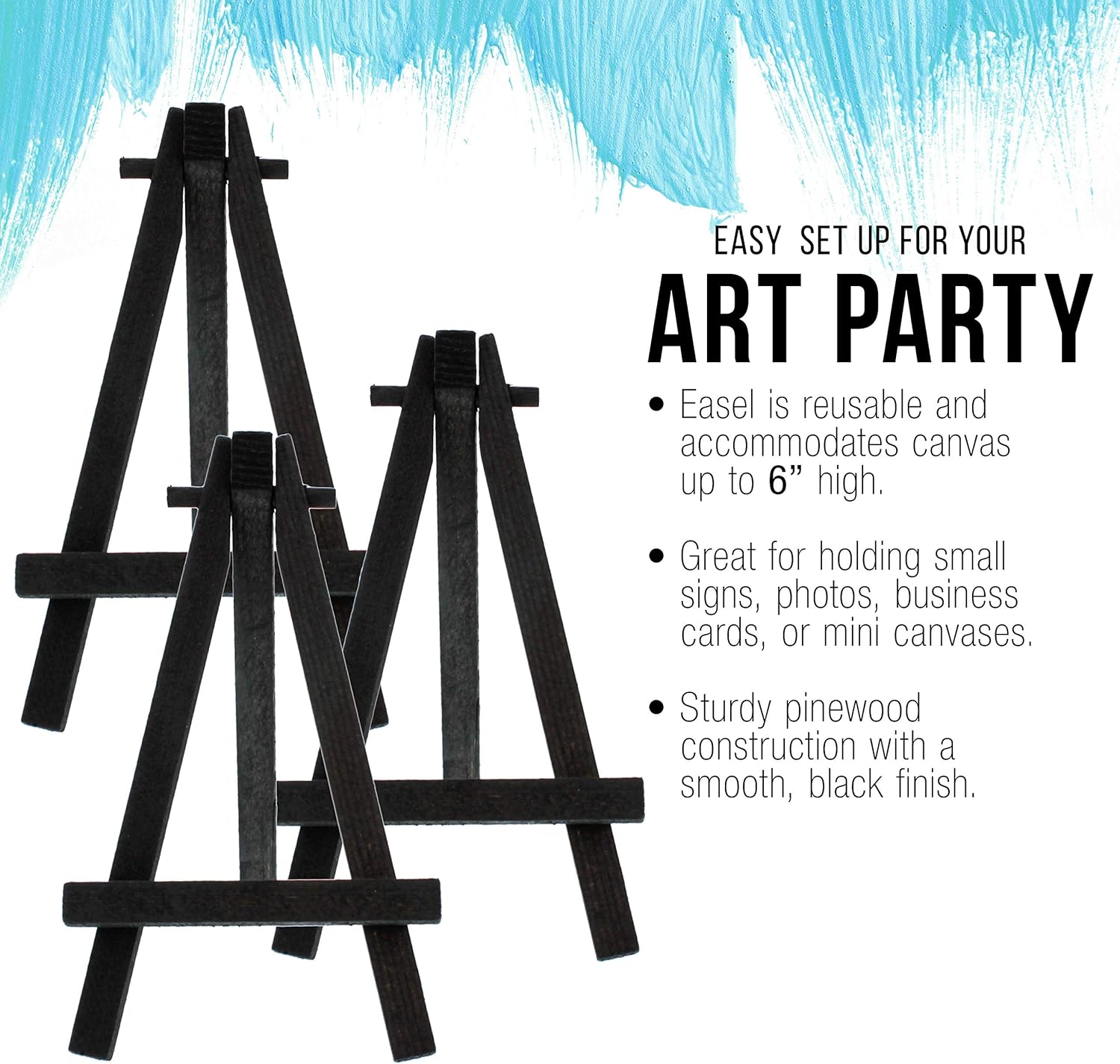 U.S. Art Supply 8" High Small Black Wood Display Easel (Pack of 6), A-Frame Artist Painting Party Tripod Mini Easel - Tabletop Holder Stand for Canvases, Kids School Crafts, Event Signs, Photos, Gifts