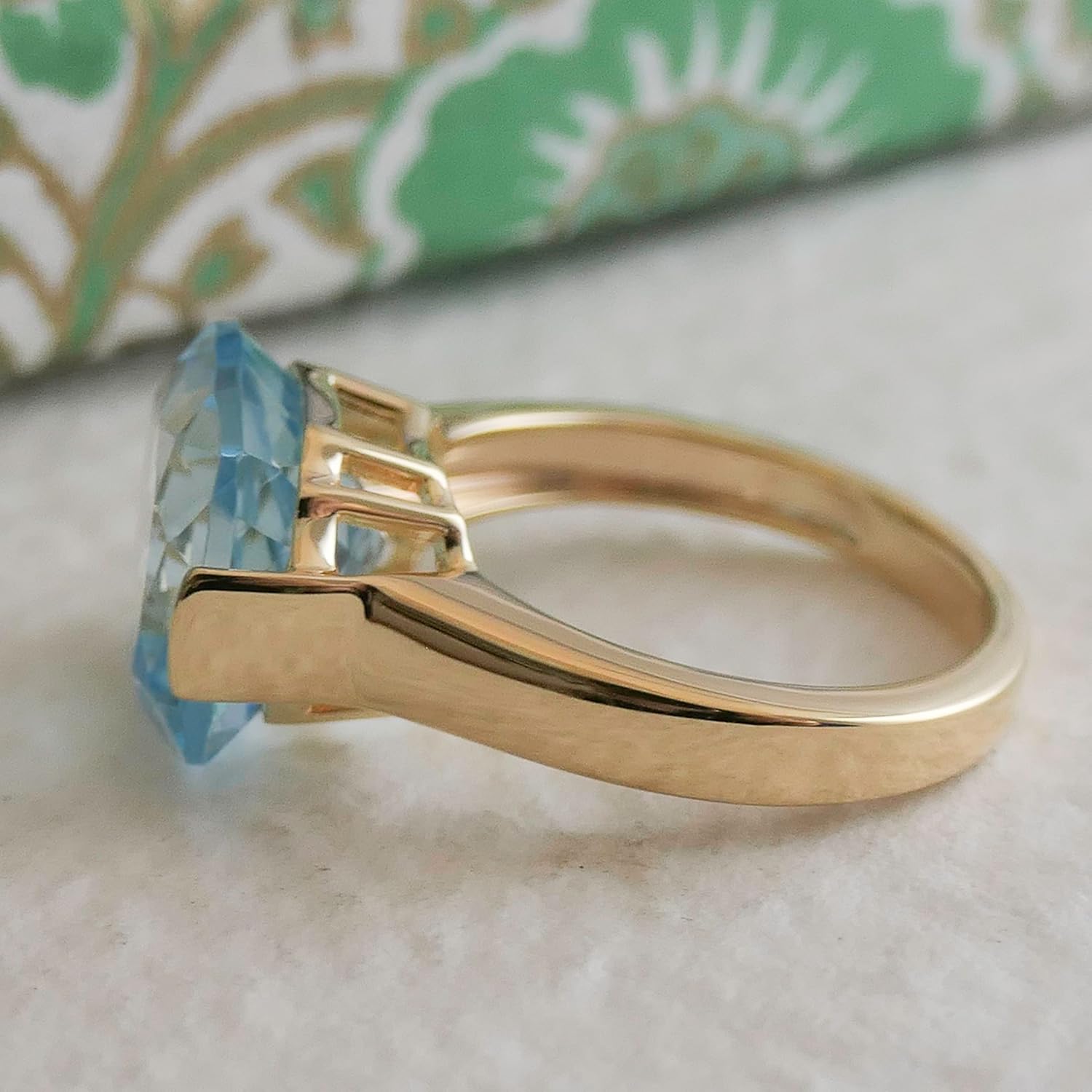 Blue Topaz Cushion Cut Ring 12x12mm – 925 Solid Sterling Silver with 3 Micron Gold Plating – Natural Gemstone, Scandinavian Handmade Fine Jewelry for Women