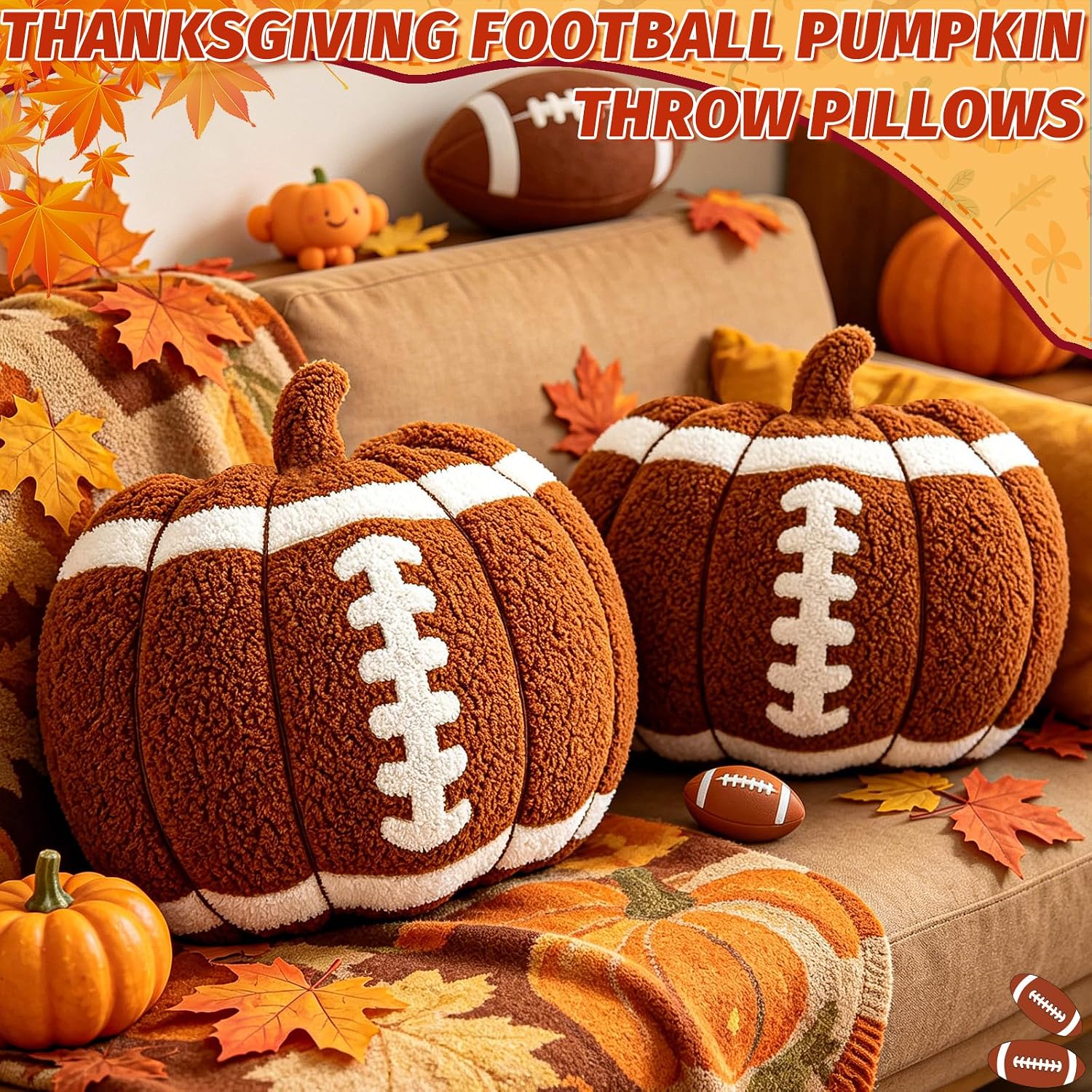 2Pcs 13.8" Fall Football Pumpkin Throw Pillows, Soft Teddy Fleece | Hypoallergenic Plush Stuffed Pumpkin Pillows for Couch Bed Home Decor, Machine Washable, Autumn Halloween Thanksgiving Gifts