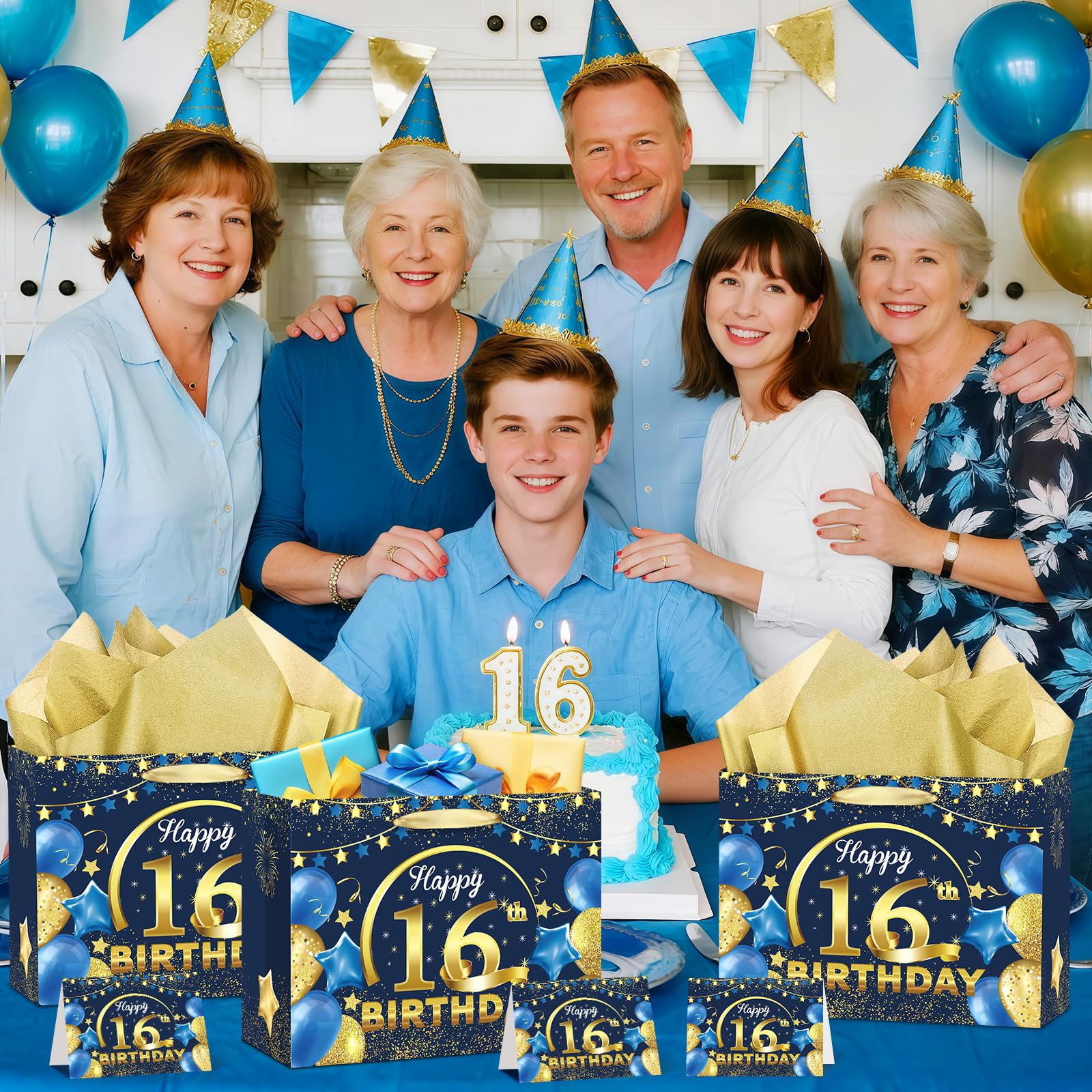 Blue And Black 16Th Birthday Gift Bag With Tissue Paper And Greeting Card Happy