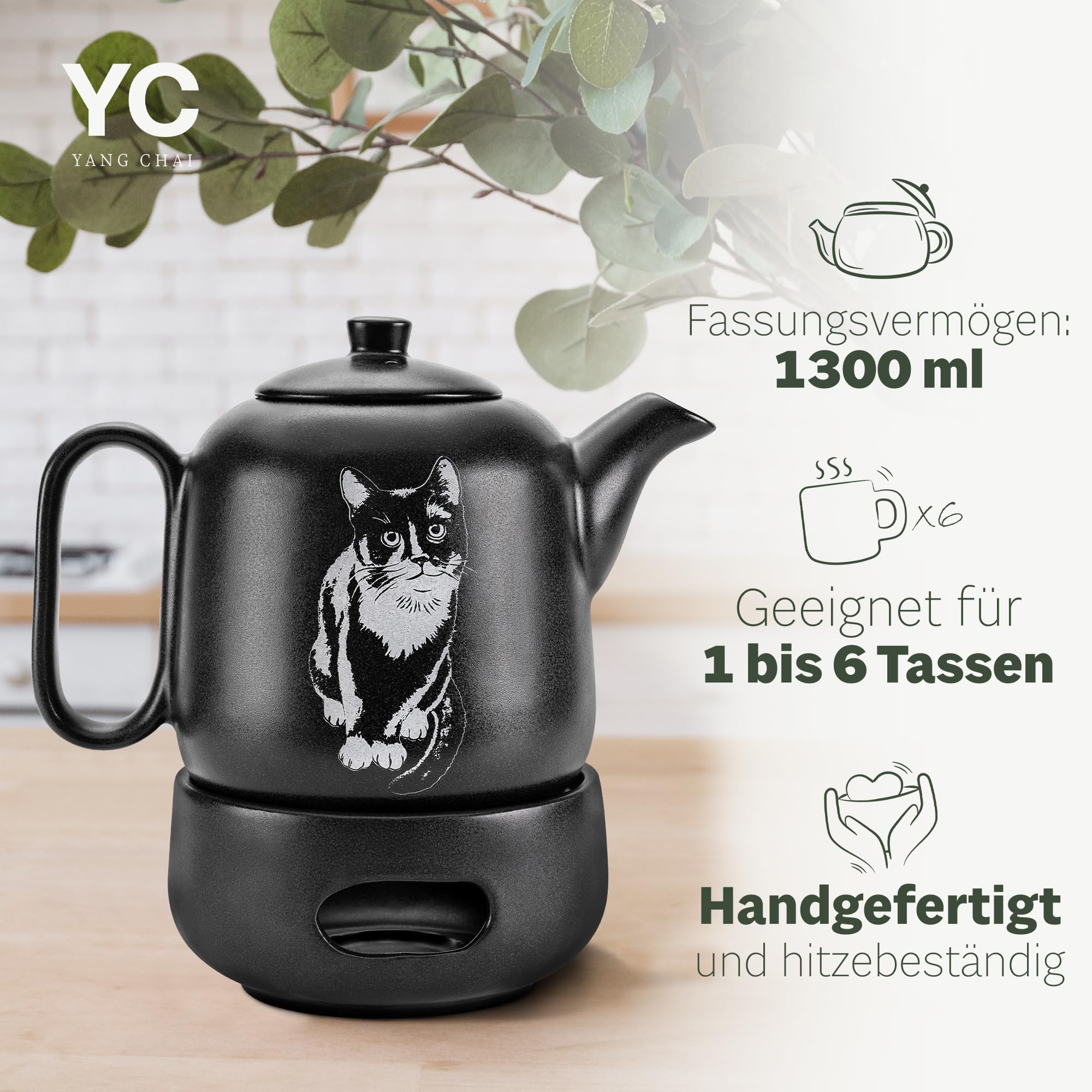 YC Yang Chai Teekanne mit Stövchen - Keramik Schwarz Matt 1.3L - Teekanne mit Siebeinsatz - Tropffrei & Hitzebeständig - Handgefertigte Keramik Tee Kanne - langanhaltende Wärme - YC GATOLO
