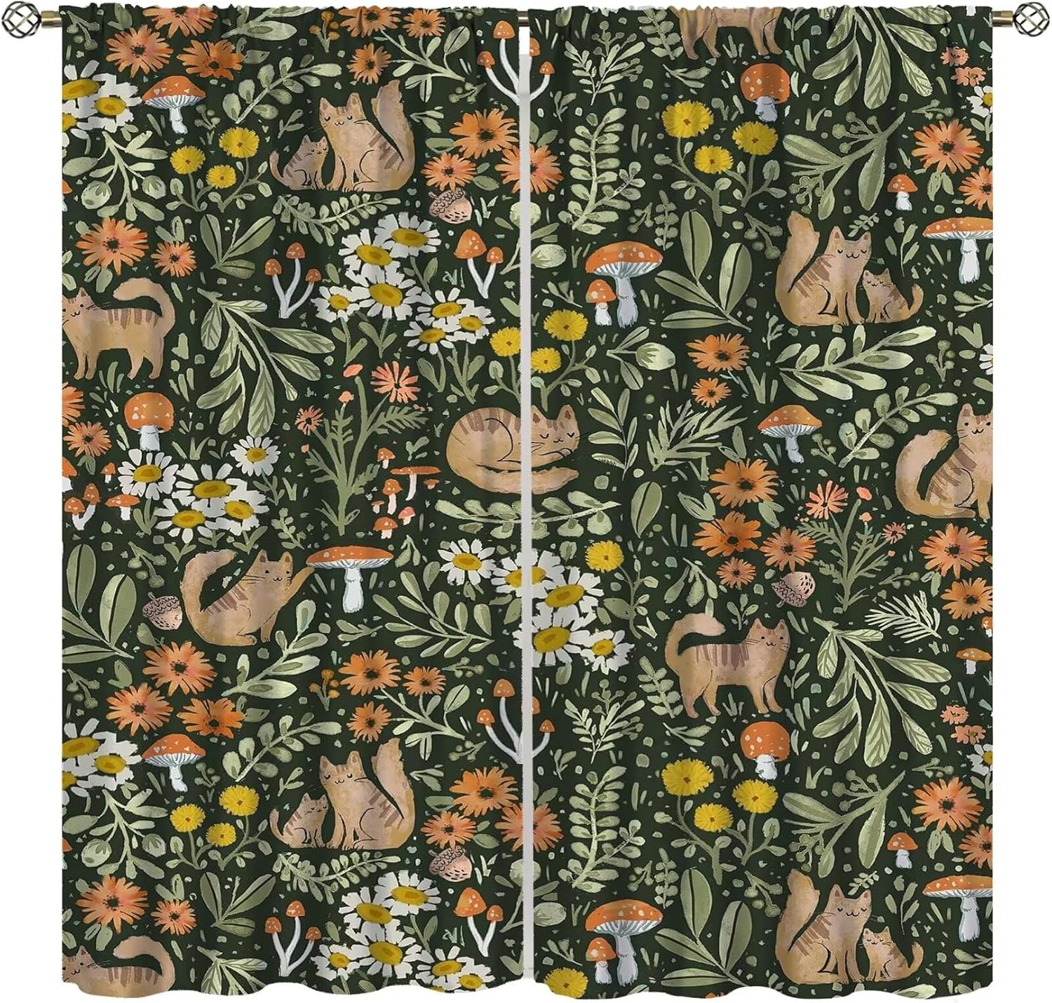 Cartoon Cute Forest Blackout Curtains for Kids, Fairy Tale Mushroom Cat Flower Floral Leaf Green Pattern Decor Print Window Treatments, Rod Pocket Drapes for Children's Bedroom Nursery, 42x63in