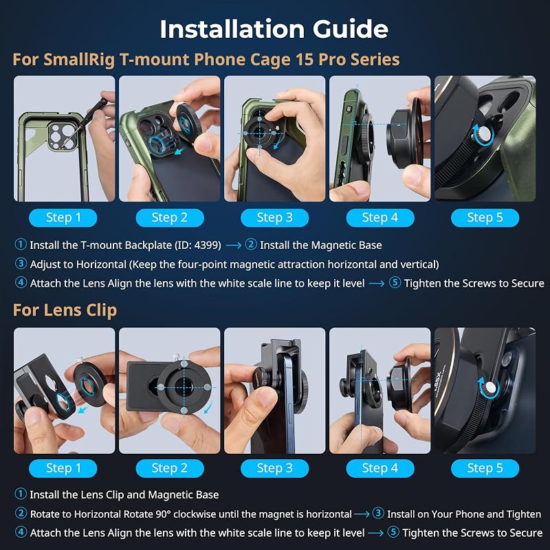 SMALLRIG 1.55x Anamorfikus Telefon Objektív T-Mount Rögzítővel - 2.76:1 Szélesvásznú Filmes Hatás Kék Fénnyel iPhone 15/14/13/12 és Samsung