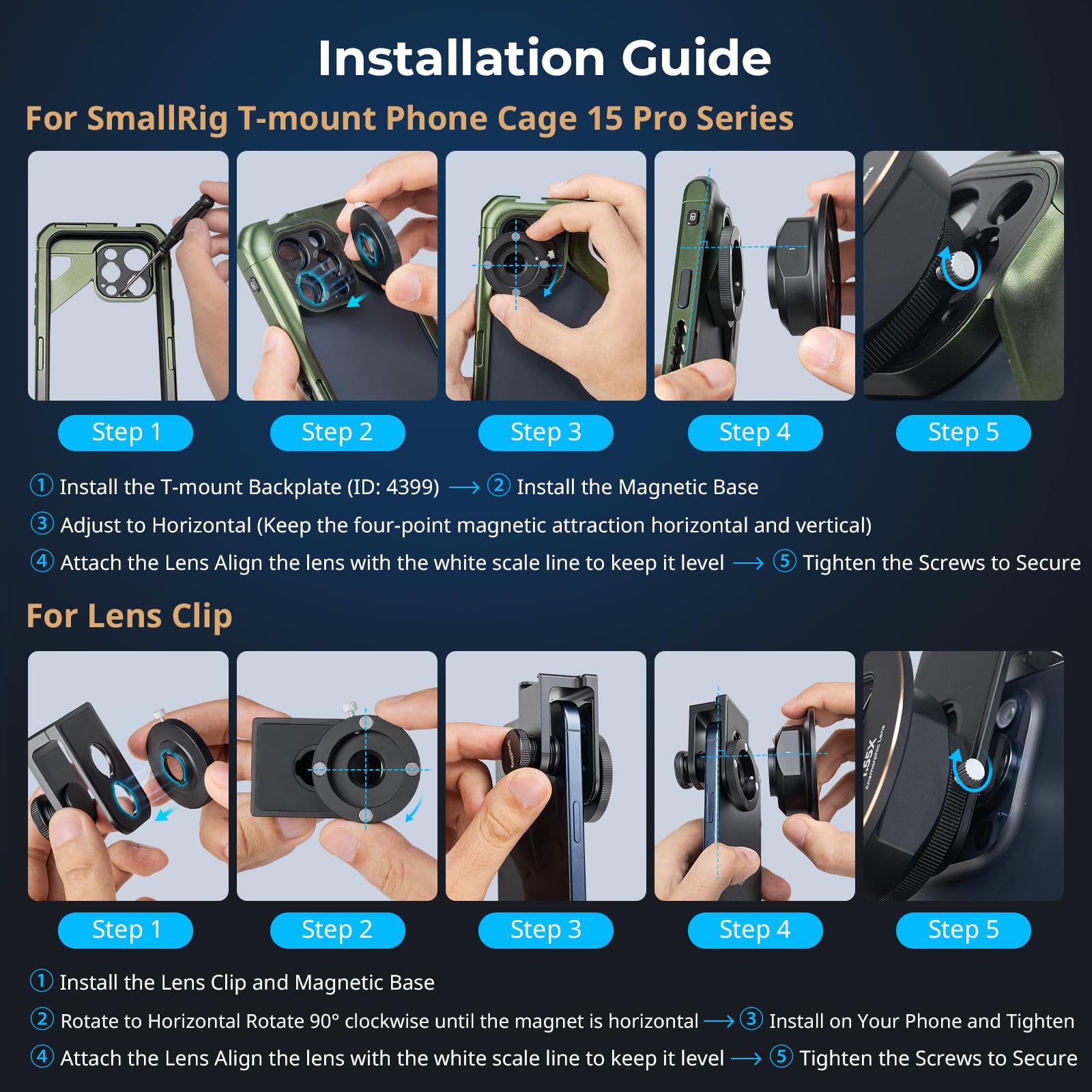 SMALLRIG 1,55x Objectif Anamorphique pour Téléphone avec Lens Clip, 2.76:1 Écran Large Cinématique Bleu Évasé pour T-Mount Phone Cage, pour iPhone 15/14/13/12, pour Samsung S21-S22 Series - 3578B