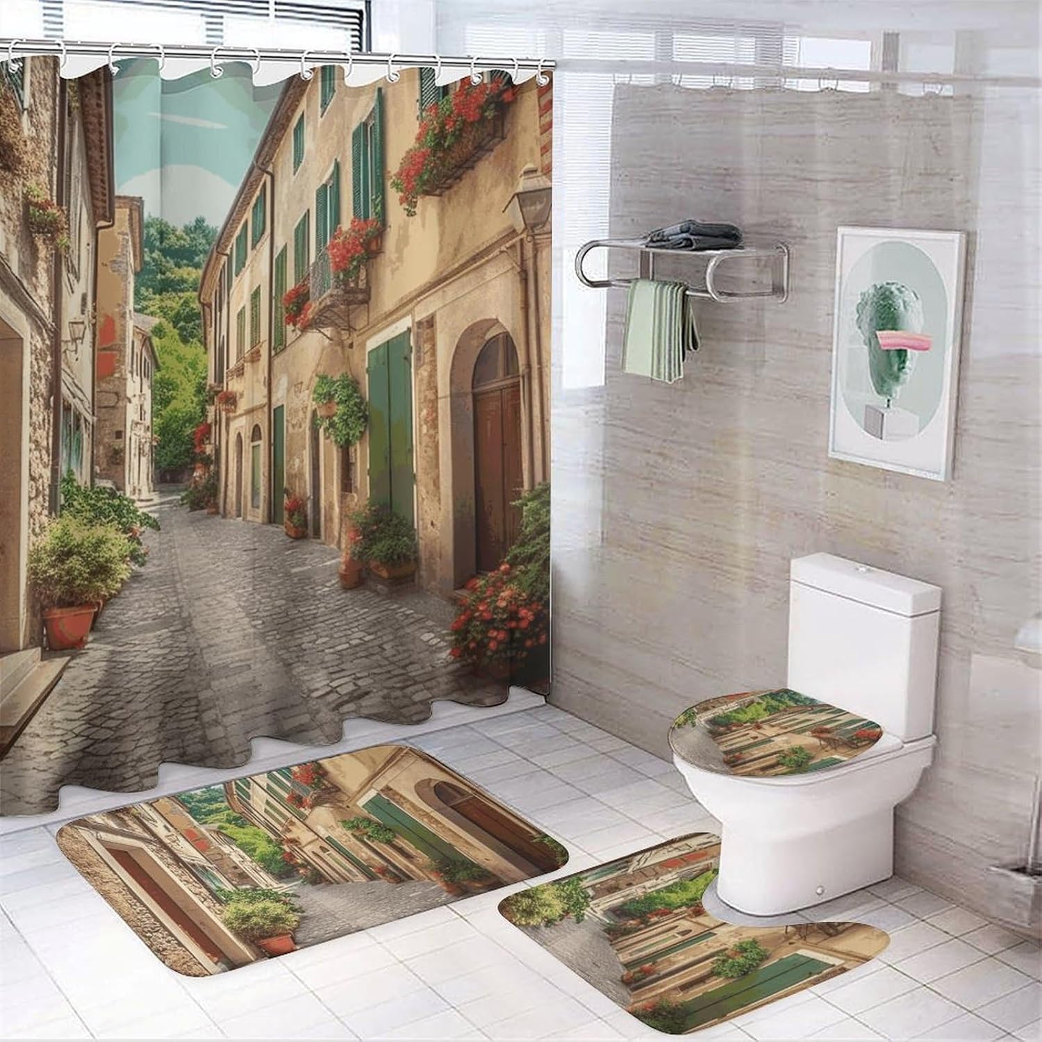 Italy Street Shower Curtain Set 4 Piece, Non-Slip Bath Mat with Toilet Lid Cover and Waterproof Shower Curtain with 12 Hooks, Complete Bathroom Set for Home Decor
