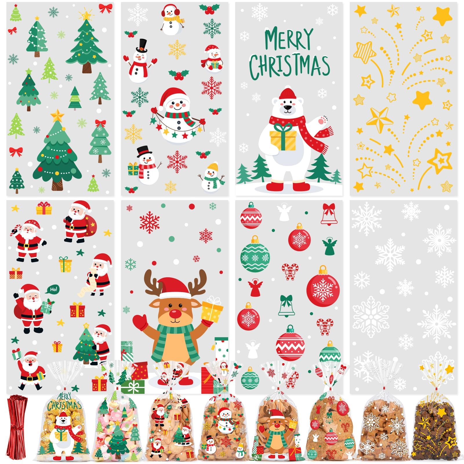 Plätzchentüten, 120 Stück Kekstüten Weihnachten, Geschenktüten Weihnachten | Plätzchentüten Weihnachten mit 120 Stück Twistbänder, Perfekt geeignet für Kekse, Plätzchen und Pralinen（8 Stile）