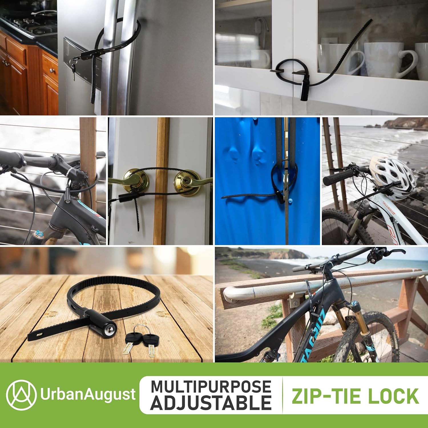 Urban August Multi-Purpose Keyed Adjustable Zip Tie Lock - 3 Pack Keyed Alike - Black Stainless Steel Refrigerator Cabinet Bike Stroller Helmet Lock