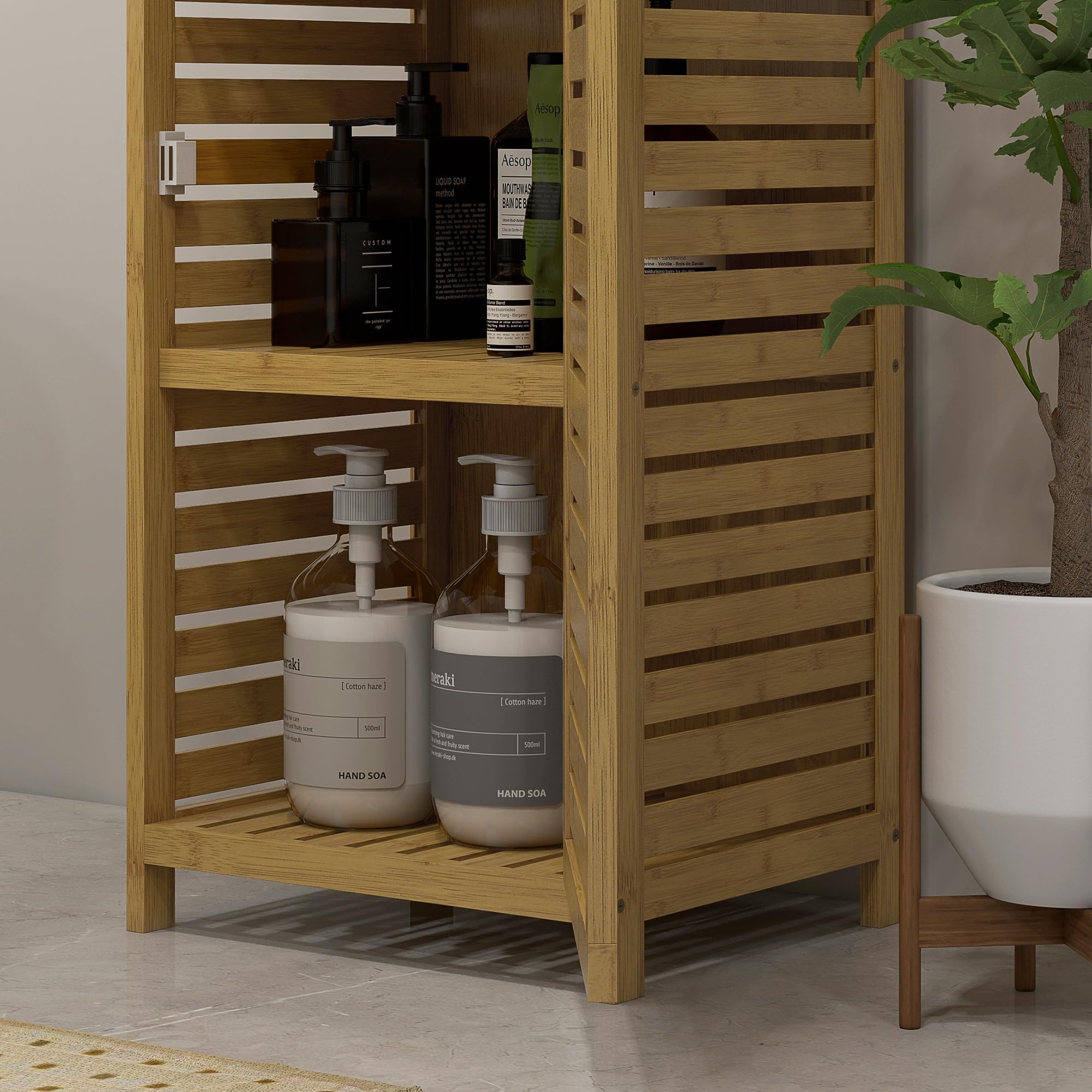 HOMCOM Meuble Colonne Salle de Bain en Bambou 38,5 x 33 x 170 cm Naturel | Armoire Haute, 3 Étagères, Placard 1 Porte, Meuble de Rangement sur Pied