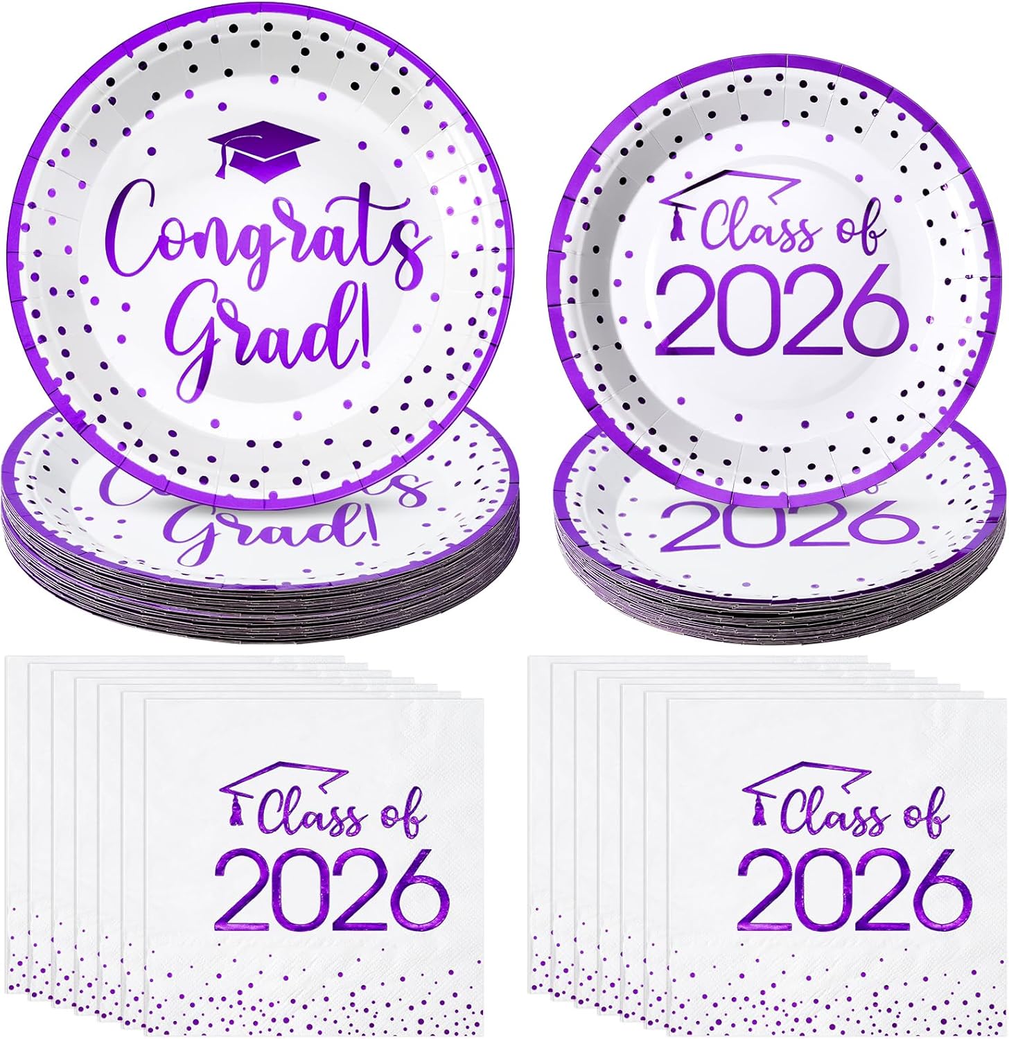150Pcs Graduation Plates and Napkins Set, Class of 2026 Disposable Gold foil Tableware for College High School Congrats Grad Graduation Party Decoration and Supplies, Serve 50(White and Purple)