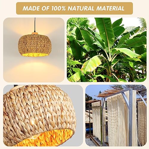 Miniatura 2 de Luces colgantes bohemias para isla de cocina, 11.8 pulgadas, ratán bohemio, tejida a mano, iluminación de tejido de hierba marina natural, lámpara