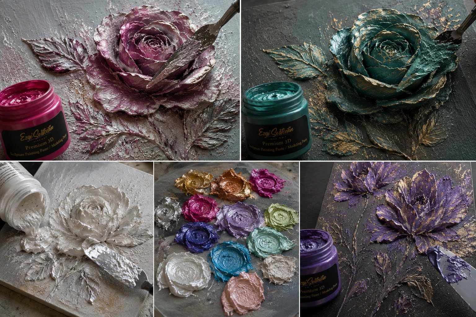 Pasta do malowania rzeźb 3D, pasta do modelowania, pasta teksturalna, tynk dekoracyjny, gotowy do użycia, unikalne kolory, idealny do grafiky, szablonów, kwiatów, tekstury, ulga artystyczna, nowy duży rozmiar 177 ml (metaliczny królewski niebieski)